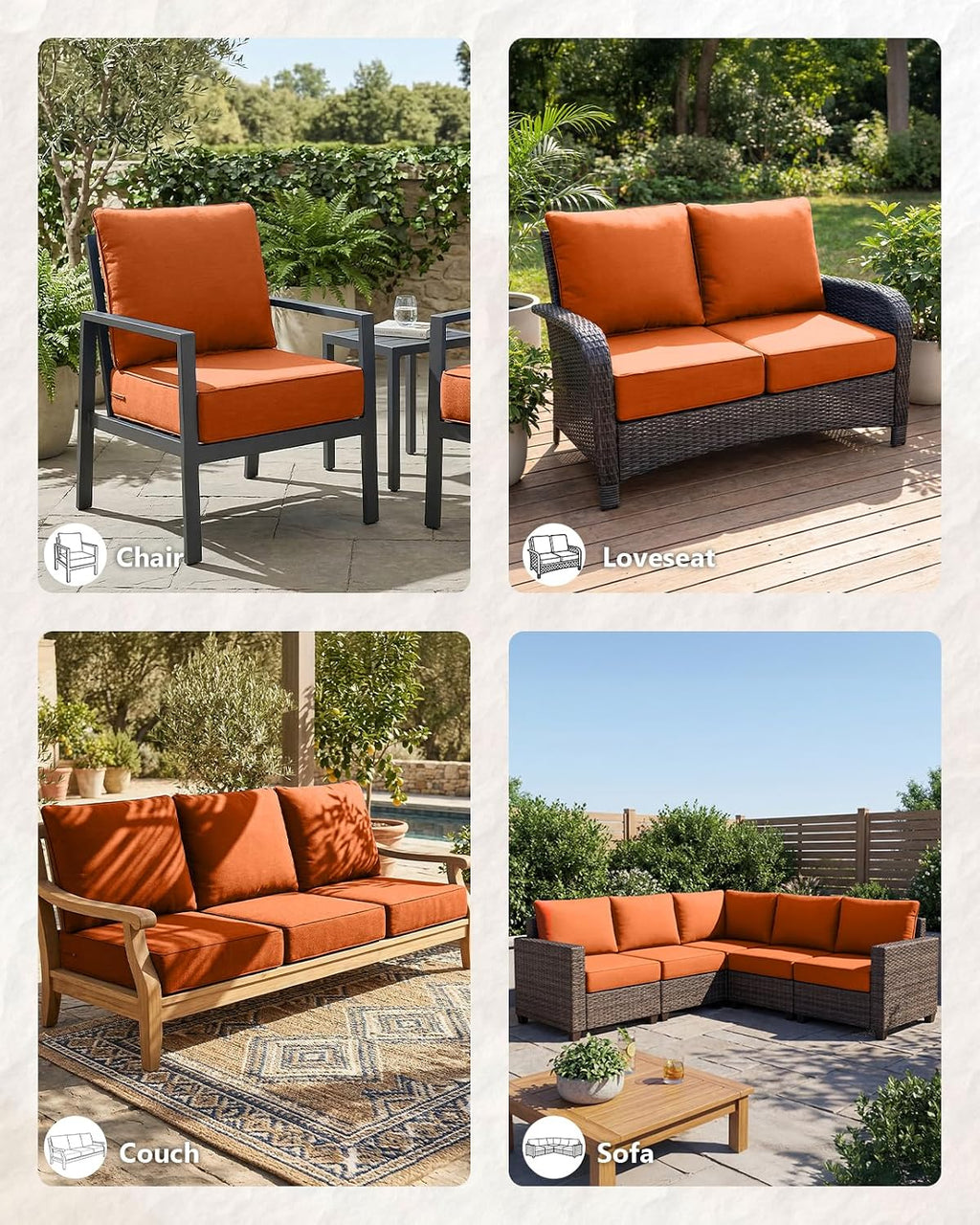 6' Thick Outdoor Cushion, 24*24*6' Patio Furniture Cushions with Waterproof Patio Furniture Cushions with Removable Cover, 28D High Density Patio Cushion for Outdoor Furniture, Orange-2pcs
