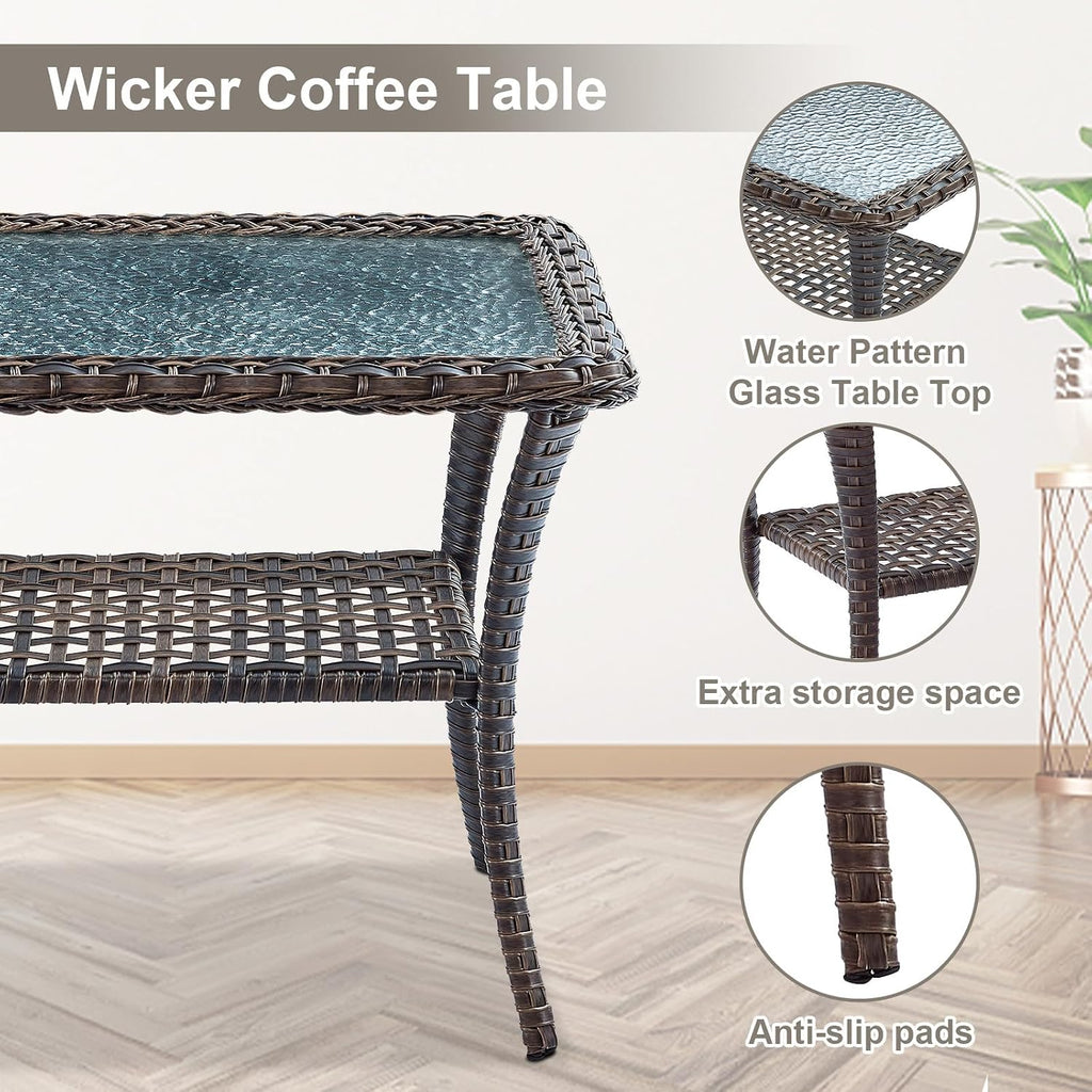 Belord Wicker Outdoor Furniture Set - 7 Piece Patio Conversation Sets with Comfort Swivel Rocker Glider Patio Chairs Set of 2 and Rattan Sofa,Tempered Glass Coffee Table and Side Table,Brown/Blue