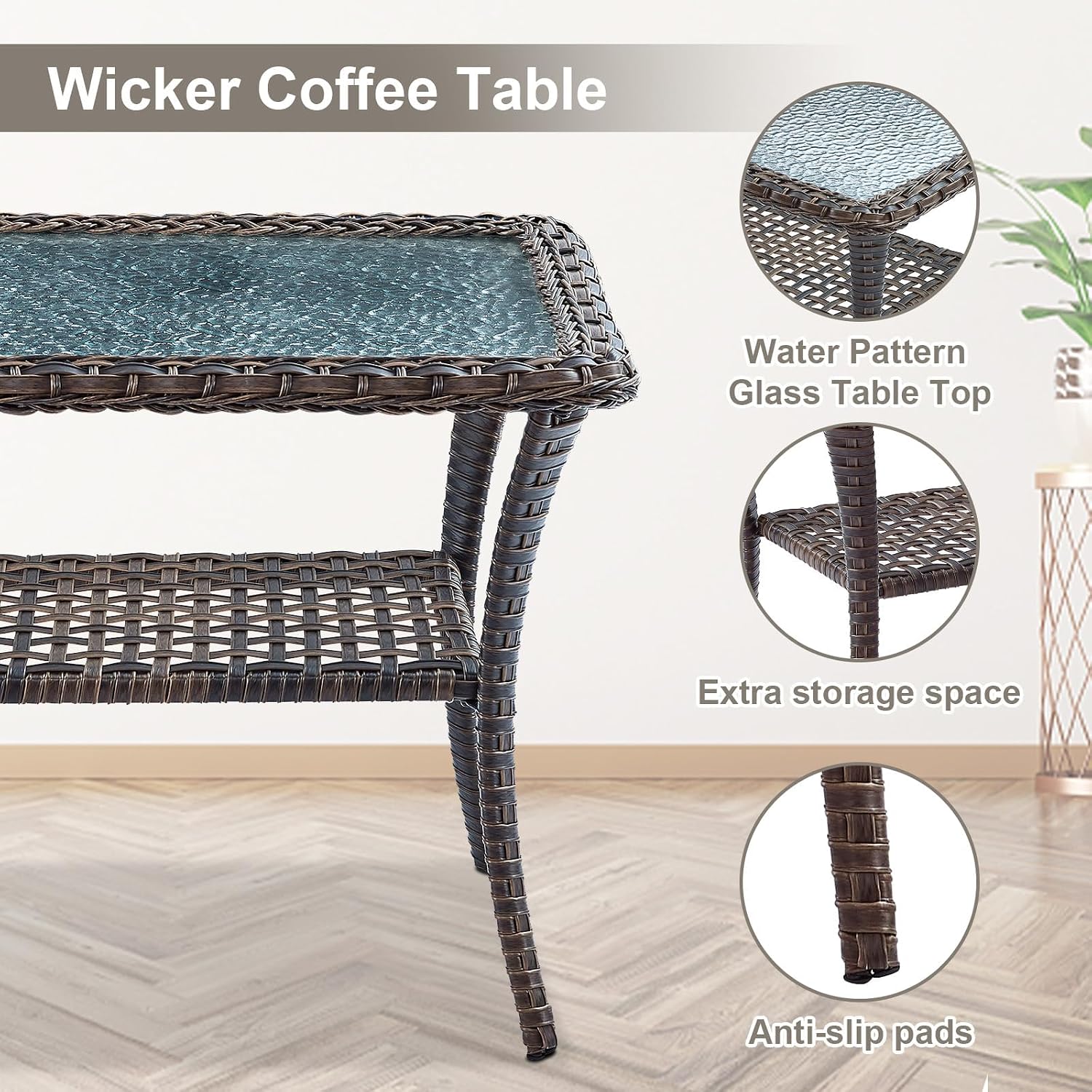 Belord Wicker Outdoor Furniture Set - 7 Piece Patio Conversation Sets with Comfort Swivel Rocker Glider Patio Chairs Set of 2 and Rattan Sofa,Tempered Glass Coffee Table and Side Table,Brown/Blue