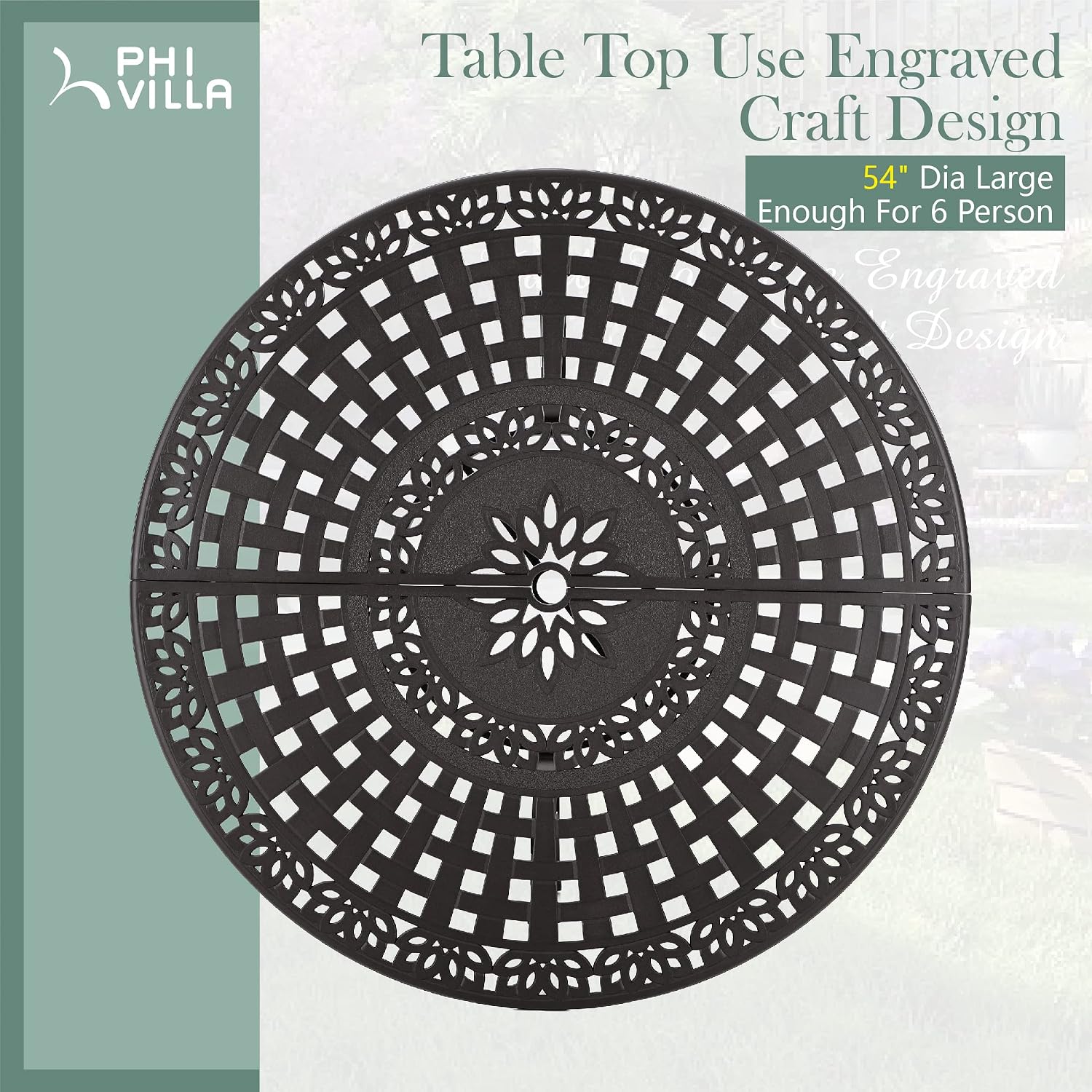 PHI VILLA Cast Aluminum Round High Bar Dining Tables for 6 Person, 54' Dia Engraved Cast-Top Aluminum Table with 2.1' Umbrella Hole, Patio Bar Height Table for Lawn Garden