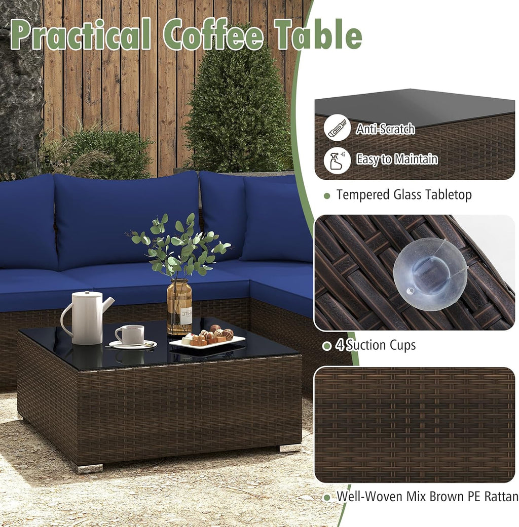 Tangkula 7 Piece Patio Wicker Furniture Set, Outdoor Rattan Sectional Sofa Set for 6 with Seat & Back Cushions, 2 Throw Pillows, Sofa Fastener Clips, for Backyard, Poolside, Deck (Mix Brown+Navy)