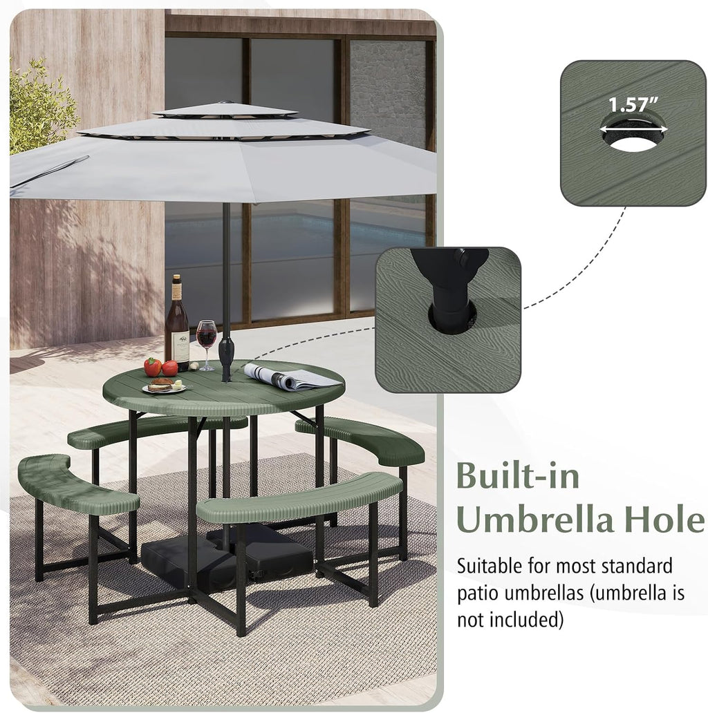 Giantex Picnic Table Bench Set for 4-8 Person, Round 37' Outdoor Dining Table w/Umbrella Hole, HDPE Tabletop, Metal Frame, Patio Furniture Set for Backyard Porch Lawn, 1400lb Capacity (Green,Round)