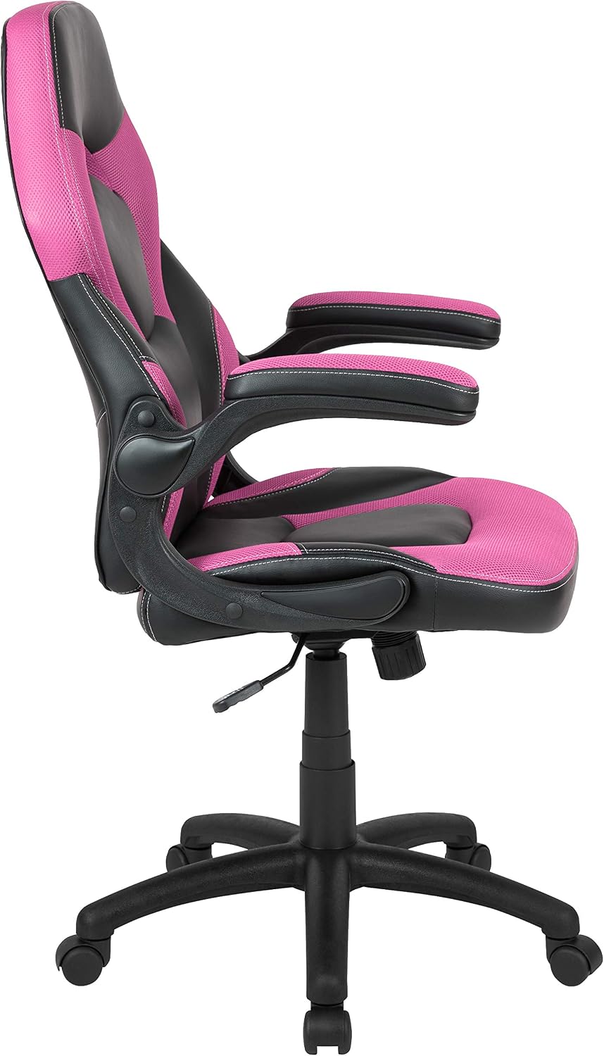 Flash Furniture X10 High-Back LeatherSoft Racing Style Gaming Chair with Flip-Up Arms, Ergonomic Padded Swivel Computer Chair, Pink/Black
