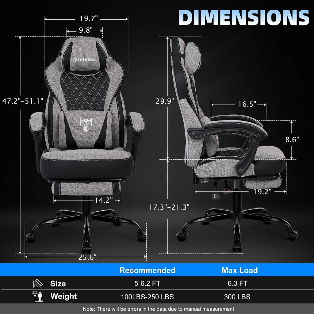 Vonesse Gaming Chair, Reclining Fabric Gaming Chairs for Adults 250LBS, Office Chair with Pocket Spring Cushion, Computer Chair with Footrest and Massage Lumbar Support (Grey)