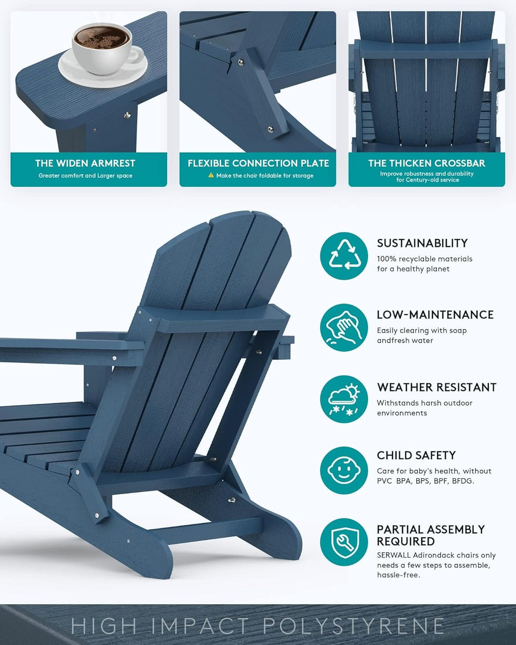 SERWALL Foldable Adirondack Chair Set of 2 for Patio Garden Outdoors Fire Pit-Blue