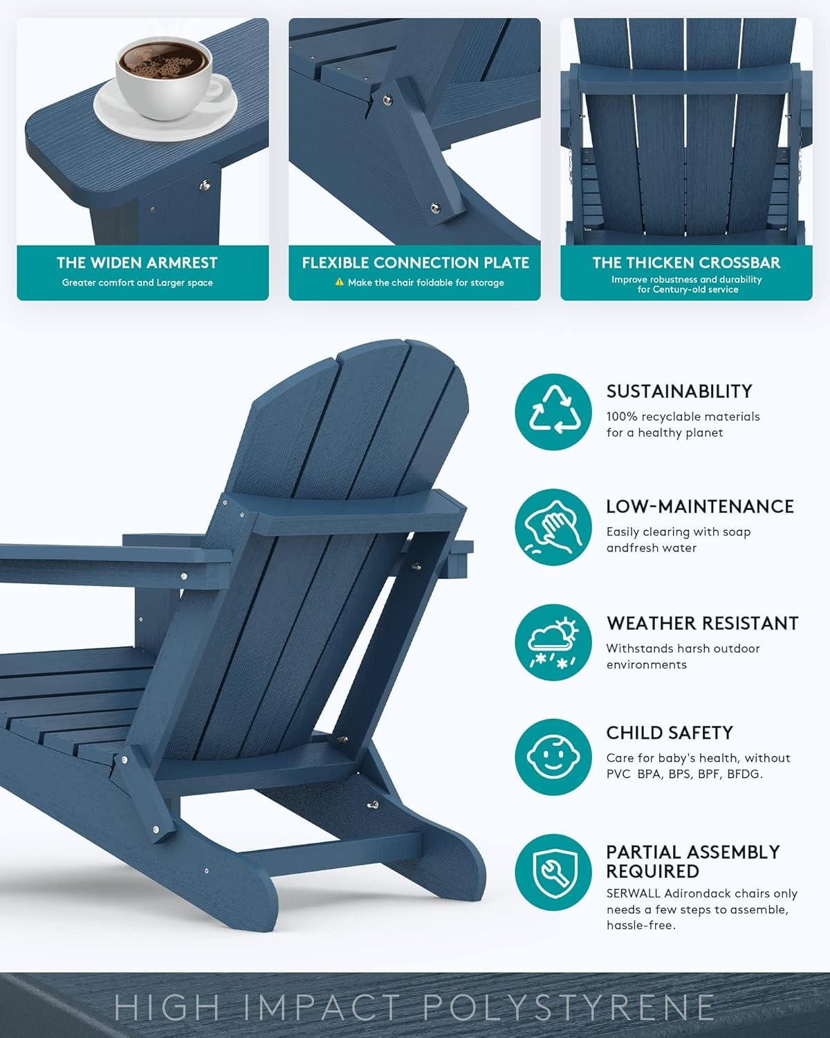 SERWALL Foldable Adirondack Chair Set of 2 for Patio Garden Outdoors Fire Pit-Blue