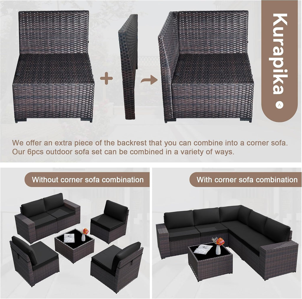 Kurapika 6 Pieces Patio Furniture Set, Rattan Wicker Outdoor Conversation Sets w/4 Inch Cushion and Glass Coffee Table(Black)