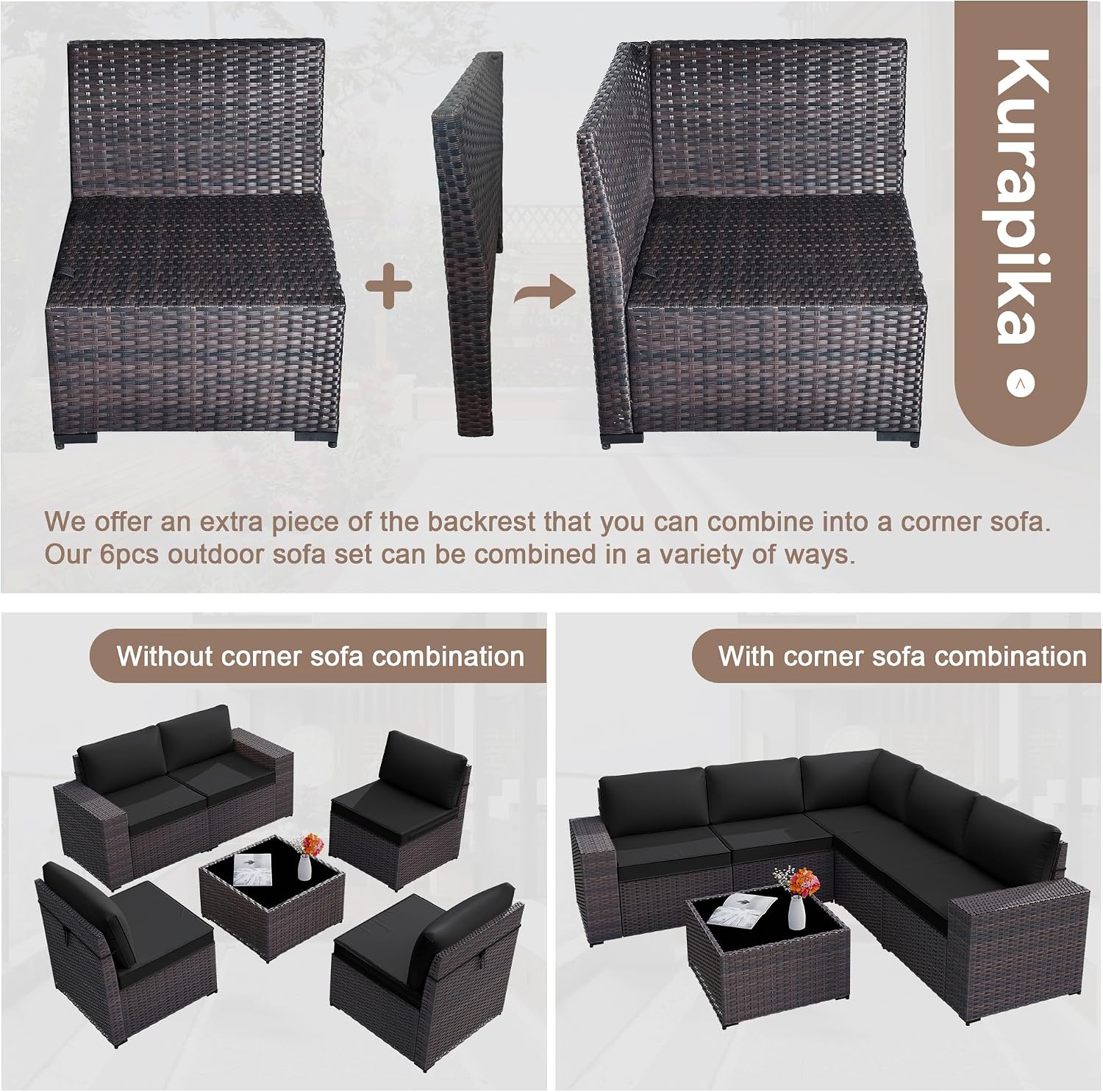 Kurapika 6 Pieces Patio Furniture Set, Rattan Wicker Outdoor Conversation Sets w/4 Inch Cushion and Glass Coffee Table(Black)