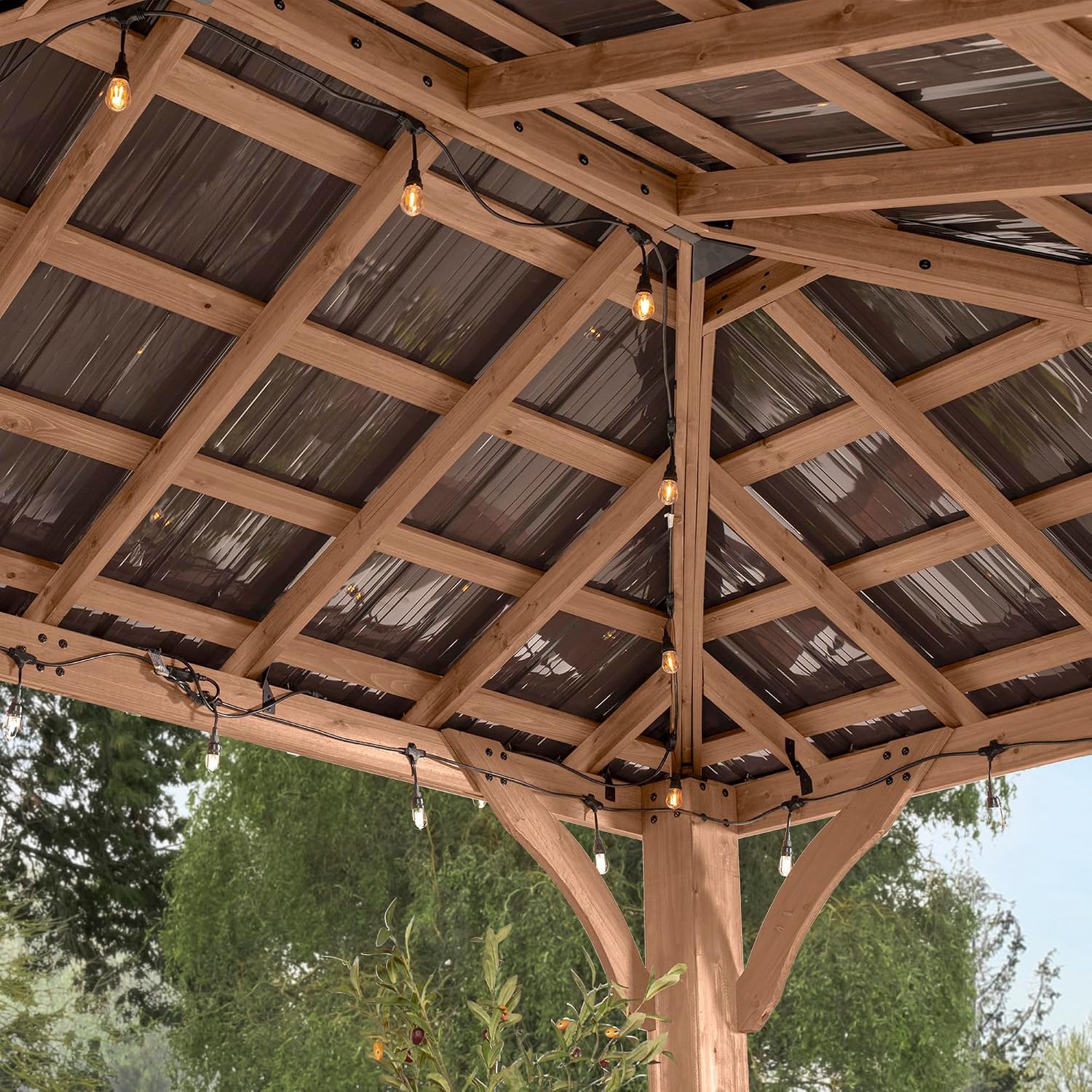 Backyard Discovery Barrington 16' x 12' Cedar Wood Outdoor Gazebo Pavilion with Hardtop Galvanized Steel Hip Roof, Snow Support, Wind Resistance, PowerPort, Shade for Garden, Patio, Deck, Entertaining