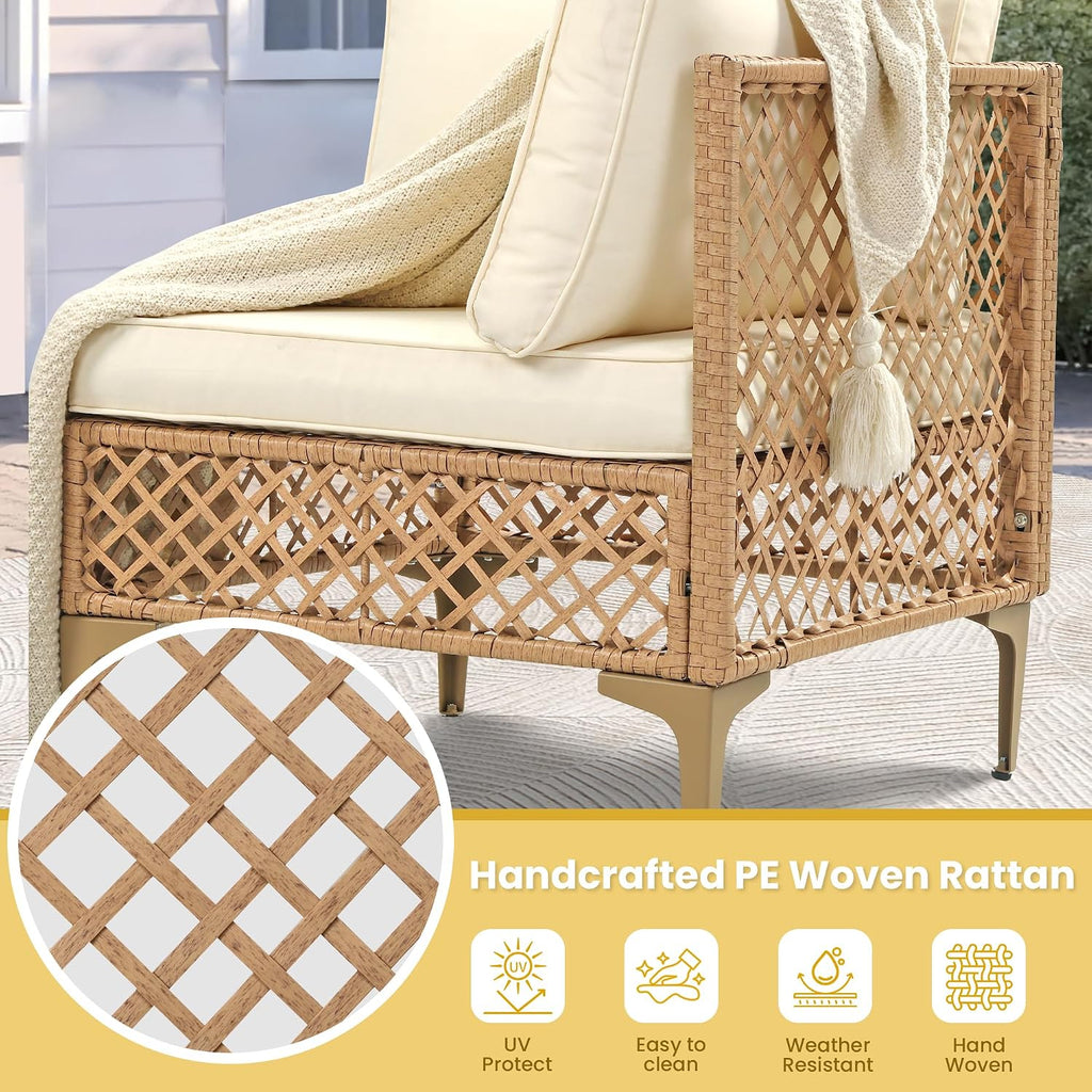 PORWEY 7 Piece Patio Furniture Set, Outdoor Wicker Sectional Conversation Set with Water Resistant Thick Cushions & Tempered Glass Coffee Table for Backyard, Porch, Yellow/Beige