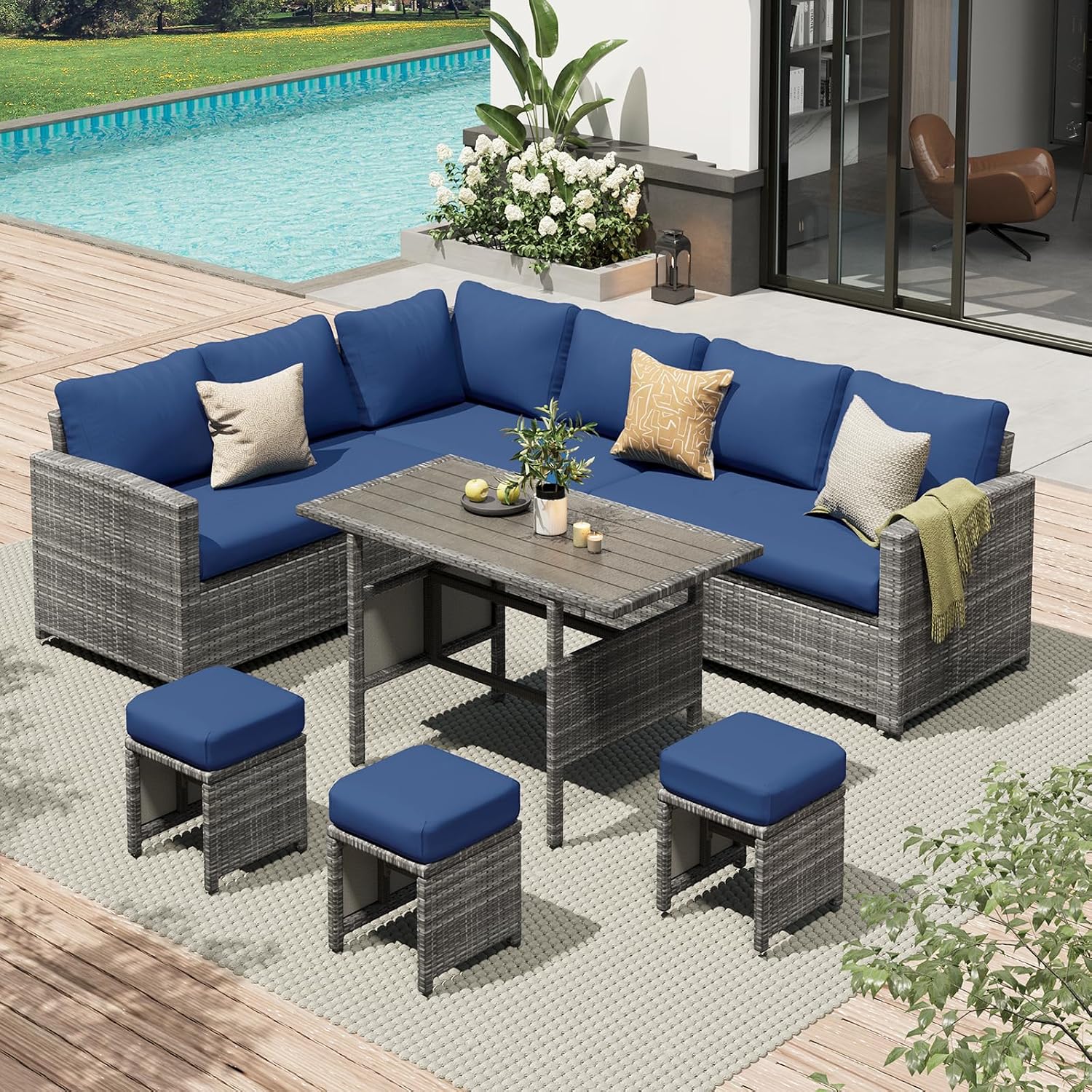 AECOJOY Outdoor Patio Furniture Set with Waterproof Cover, 7 Pieces Clearance Sectional Rattan Dining Table&Chairs, All Weather Wicker Conversation Sofa Couch, Dark Blue Cushions&Grey Rattan