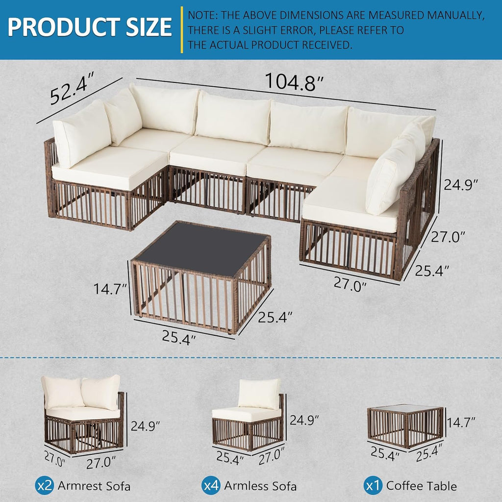 FHFO 7 Pieces Outdoor Patio Furniture Set, Wicker Outdoor Sectional Conversation Couch Set with Adjustable Backrest Sofa, Thick Cushion & Coffee Table for Garden, Porch, Poolside, Brown/Beige