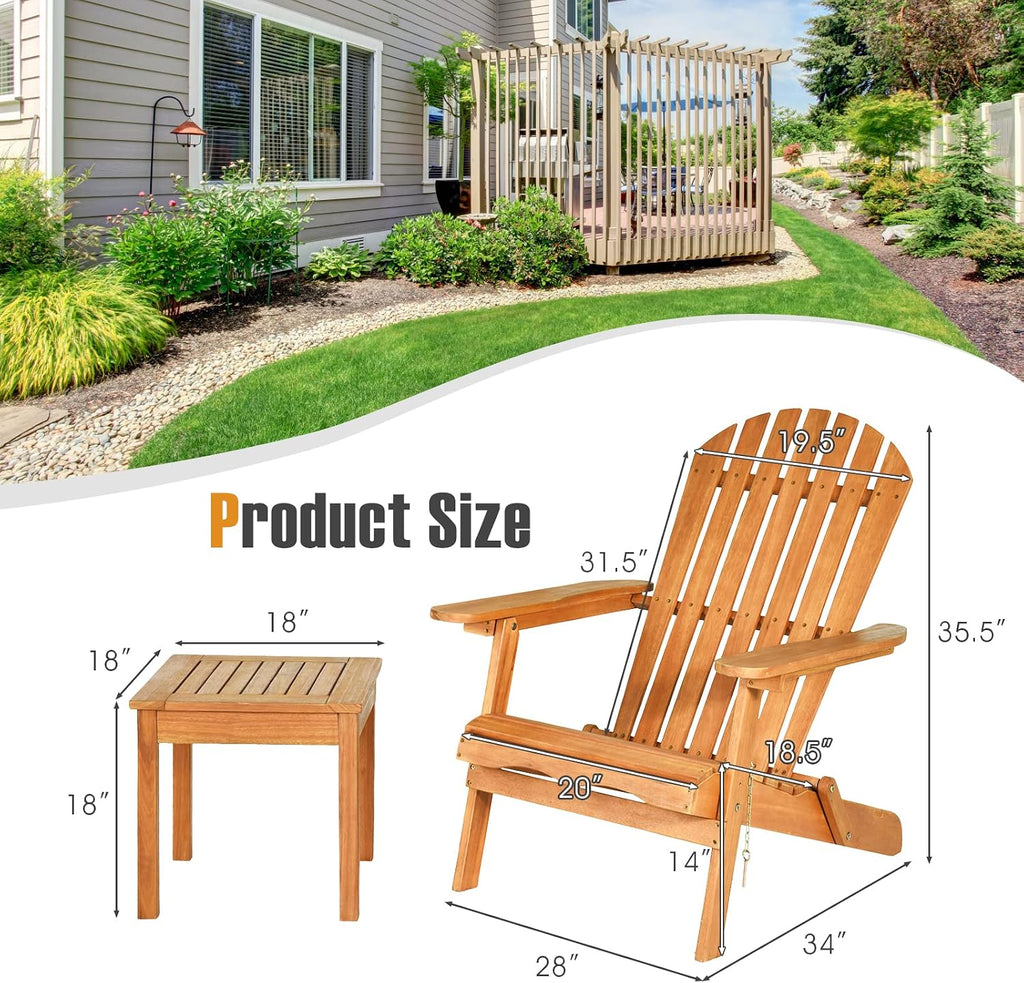 Tangkula 3 Pieces Adirondack Chair Set, Outdoor Wood Furniture Set with 2 Folding Lounge Chairs & Side Table, Widened Armrest, Slatted Design, All Weather Conversation Set for Garden Patio Backyard
