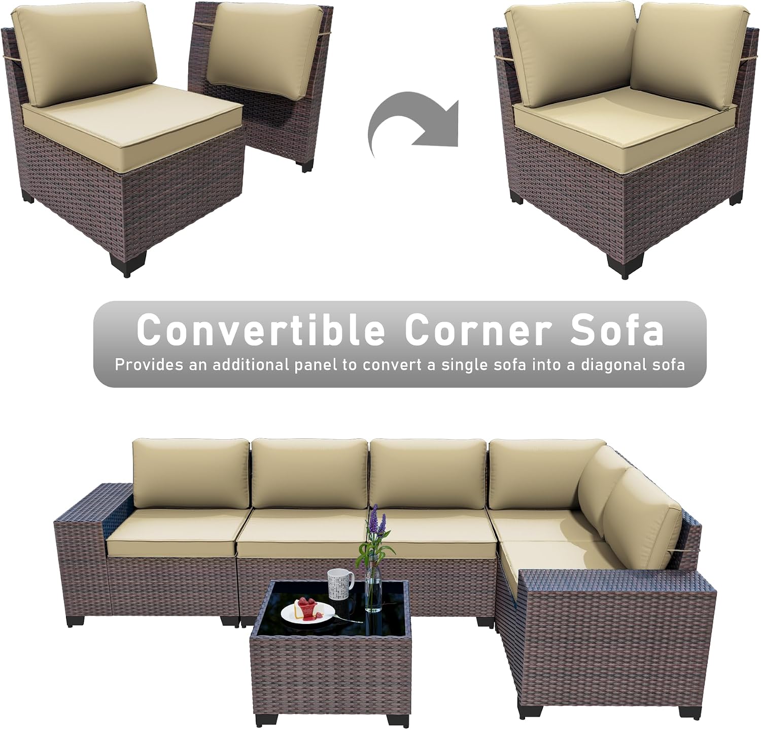 Patio Furniture Set 6 Pieces Outdoor Sectional Sofa Set,PE Rattan Wicker Patio Conversation Set with Thickened Cushions and Glass Coffee Table,Sand