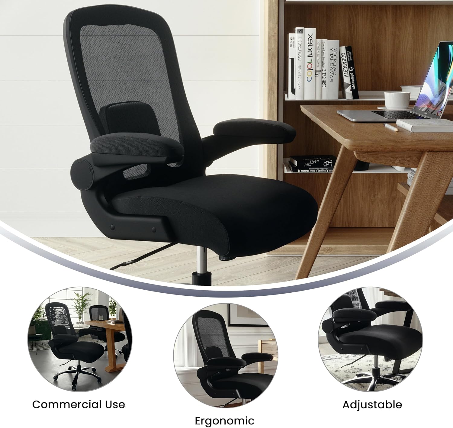 Flash Furniture Big & Tall Swivel Office and Gaming Chair with Lumbar and Back Support, Ergonomic Mesh Office Chair with Flip-Up Armrests and Adjustable Height, Black