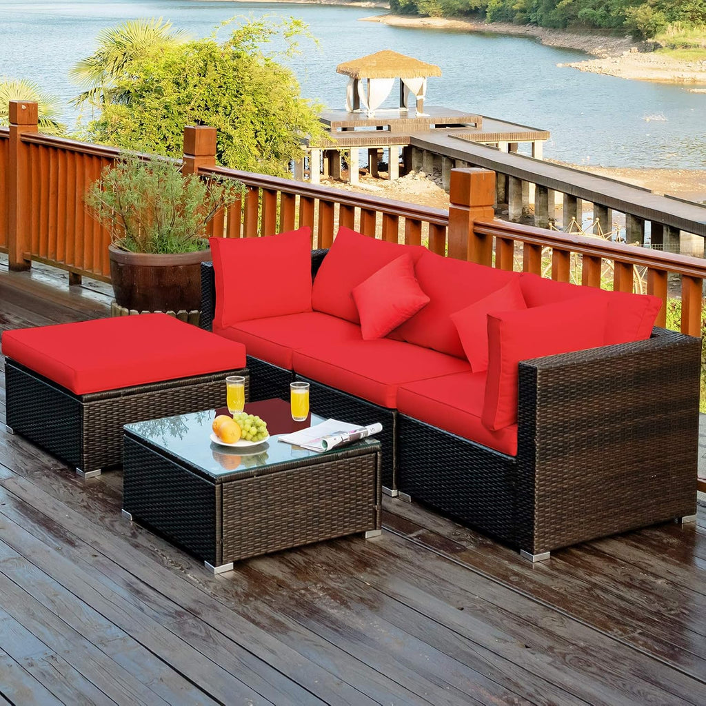 COSTWAY 5-Piece Outdoor Patio Furniture Set, Glass Top Coffee Table and Lounge Sofa with Cushions, PE Rattan Conversation Set for Garden, Deck, Backyard (Red)