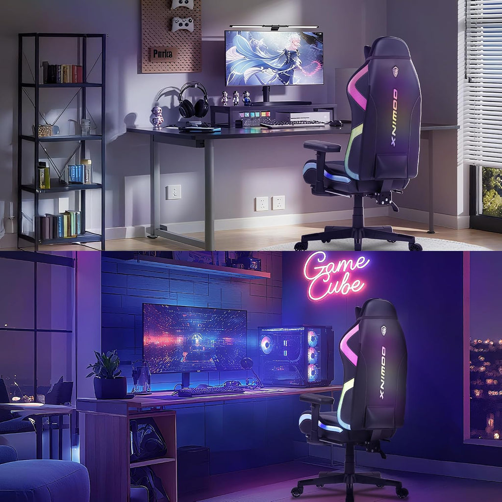 Dowinx Gaming Chair with RGB LED Lights, Ergonomic Game Chair with Footrest Massage Lumbar Support, Computer Gamer Chair for Adults Teens, Black
