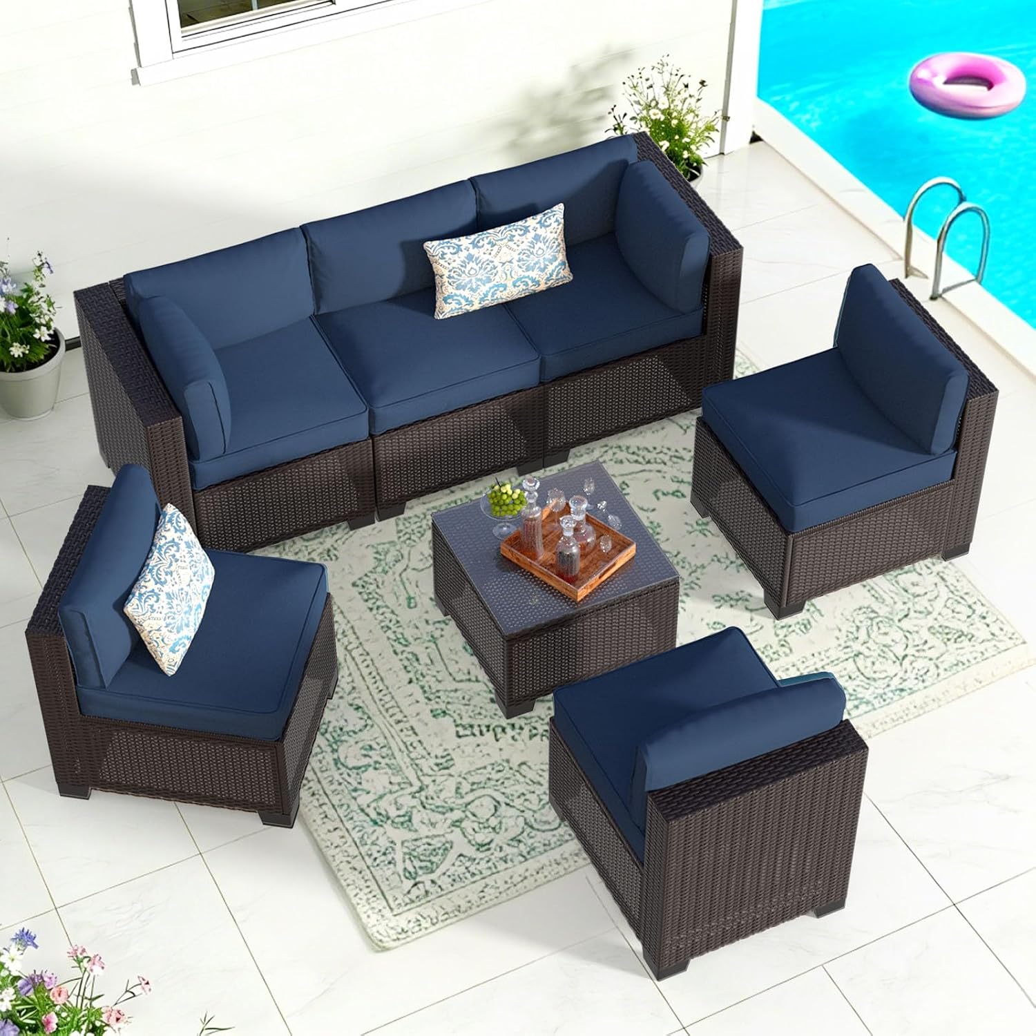 Patio Furniture Set (Dark Brown Rattan & Dark Blue Cushions, 7 Pieces)