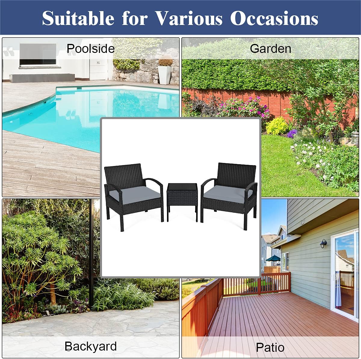 Tangkula 3 Piece Patio Conversation Set, Outdoor Rattan Sofa Set with Seat Cushions & Coffee Table, Patio Wicker Furniture Set for Garden Balcony Backyard Poolside (Grey)