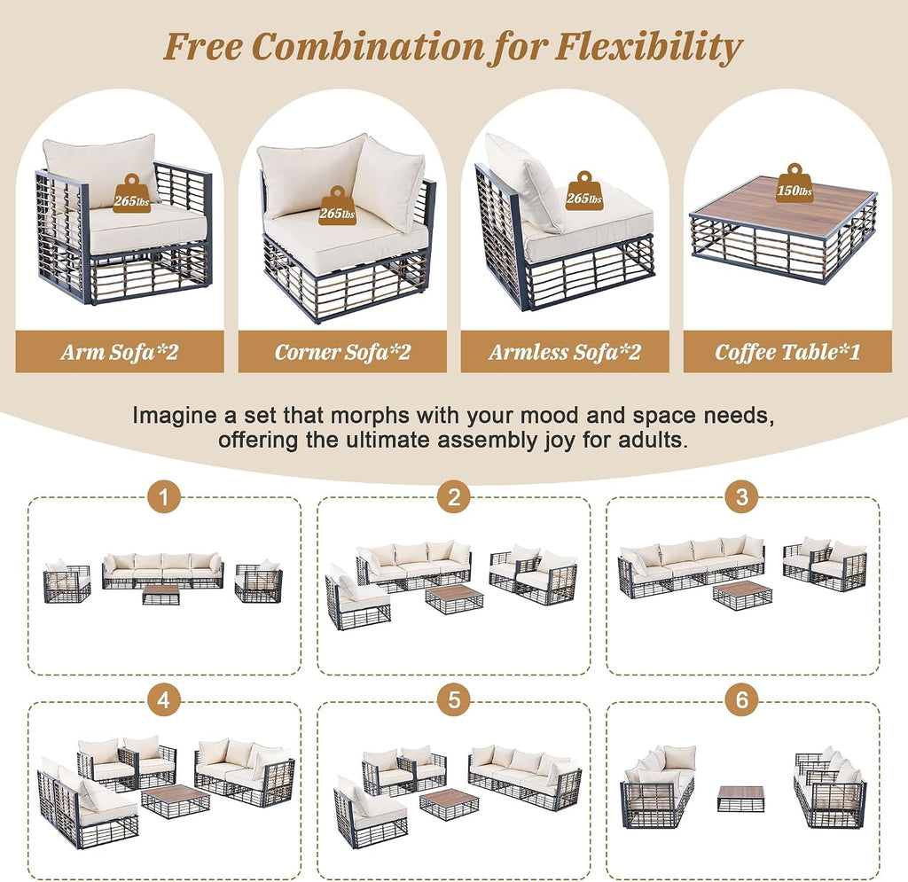 LUMISOL 7 Piece Patio Furniture Set, Metal Outdoor Sectional Sofa, All Weather Garden Conversational Furniture Set with Thick Cushions and Coffee Table for Indoor, Outdoor, Grey