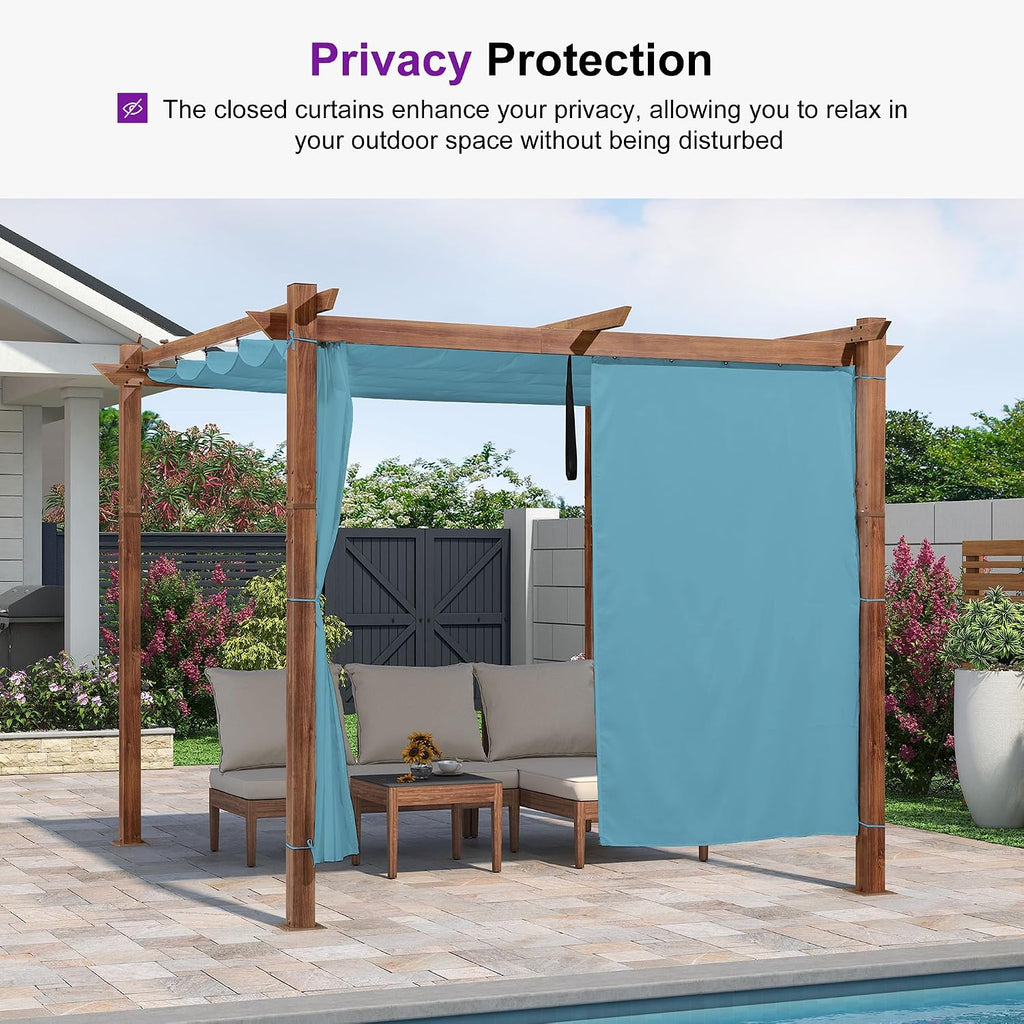 PURPLE LEAF 10' x 10' Pergola with Curtains Outdoor Retractable Pergola Patio Metal Shelter for Garden Porch Natural Wood Grain Frame Gazebo Modern Yard Grill Pergolas with Shade Canopy Turquoise Blue