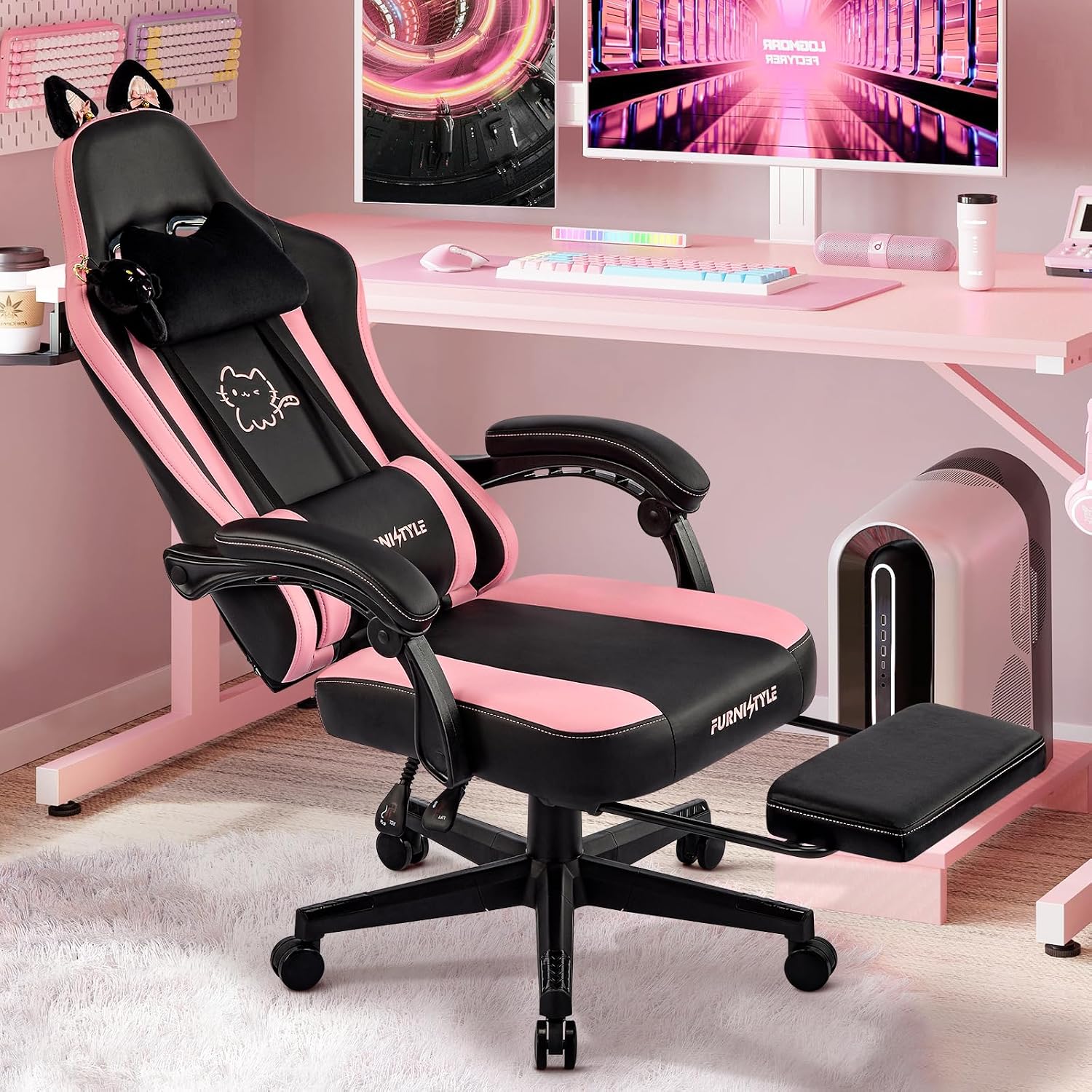 Gaming Chair with Footrest, Comfy Girly Video Game Chairs with Cat Ears Pocket Spring Cushion Massage Lumbar Support & Headrest, Ringing Accessories Cute Leather Ergonomic Computer Chair, Black/Pink