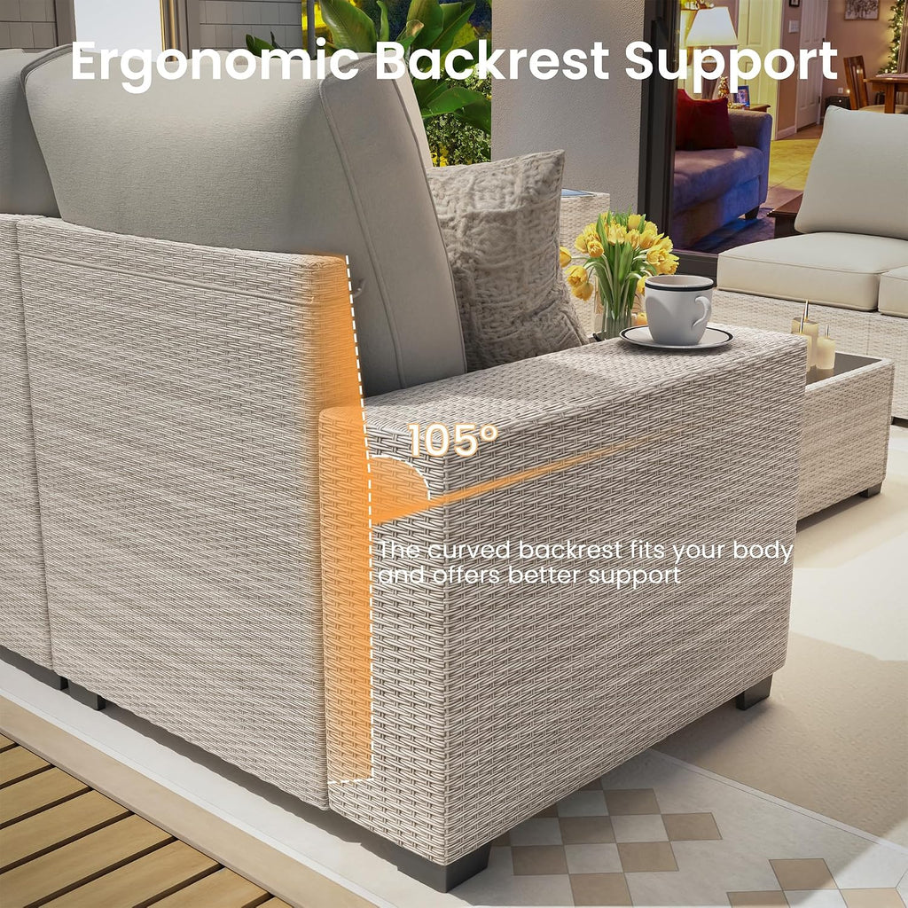 9 Piece Outdoor Patio Furniture Set with 28'' Fire Pit Table, Outdoor Sectional Furniture, Rattan & Wicker Modern Modular Conversation Set Sofa Couch W/Water Resistant Washable Thick Cushions, Beige