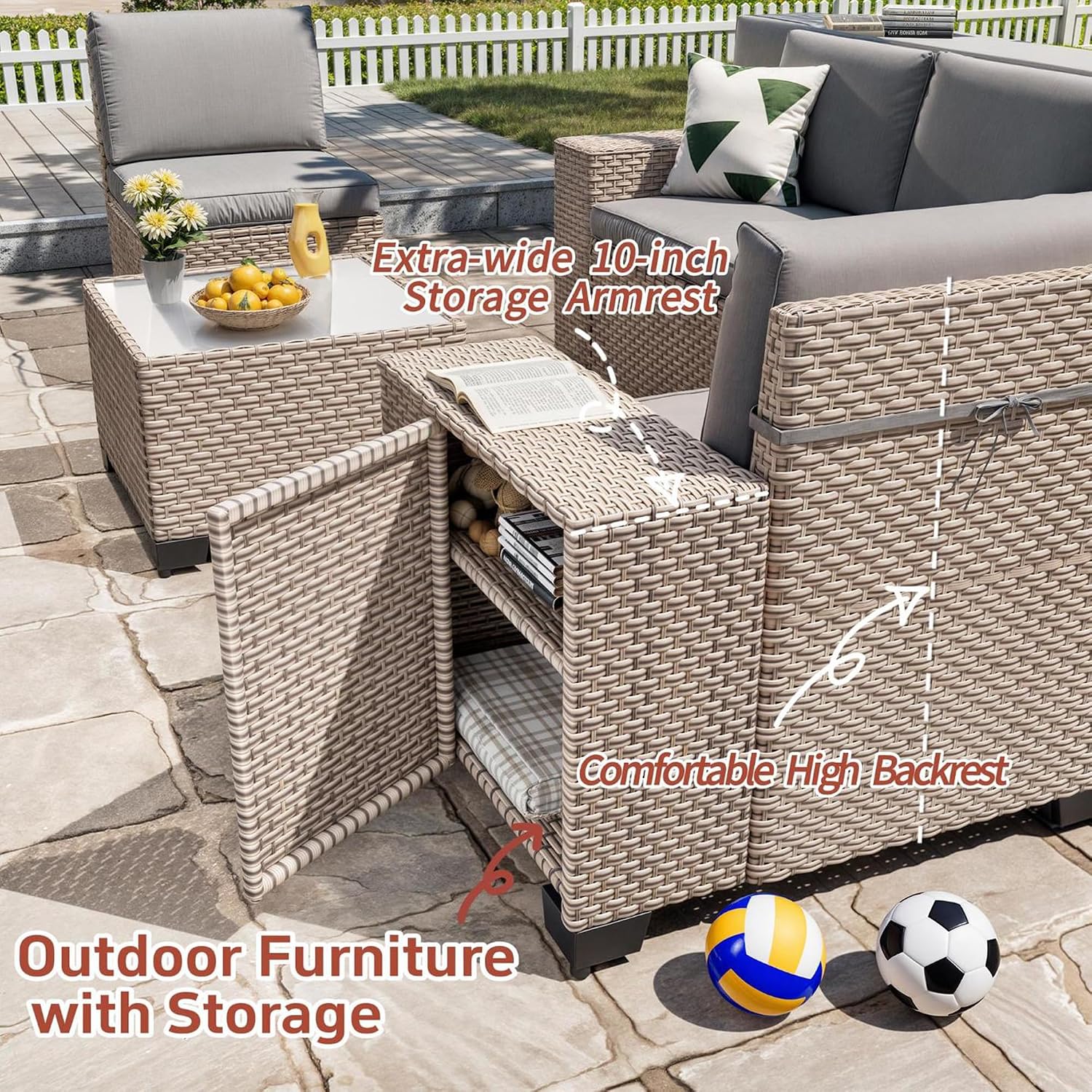 6 Pieces Patio Furniture Set, Outdoor Sectional Wicker Sofa with Thickened Cushions and Coffee Table, High Back Rattan Patio Conversation Sets for Garden Backyard, Grey