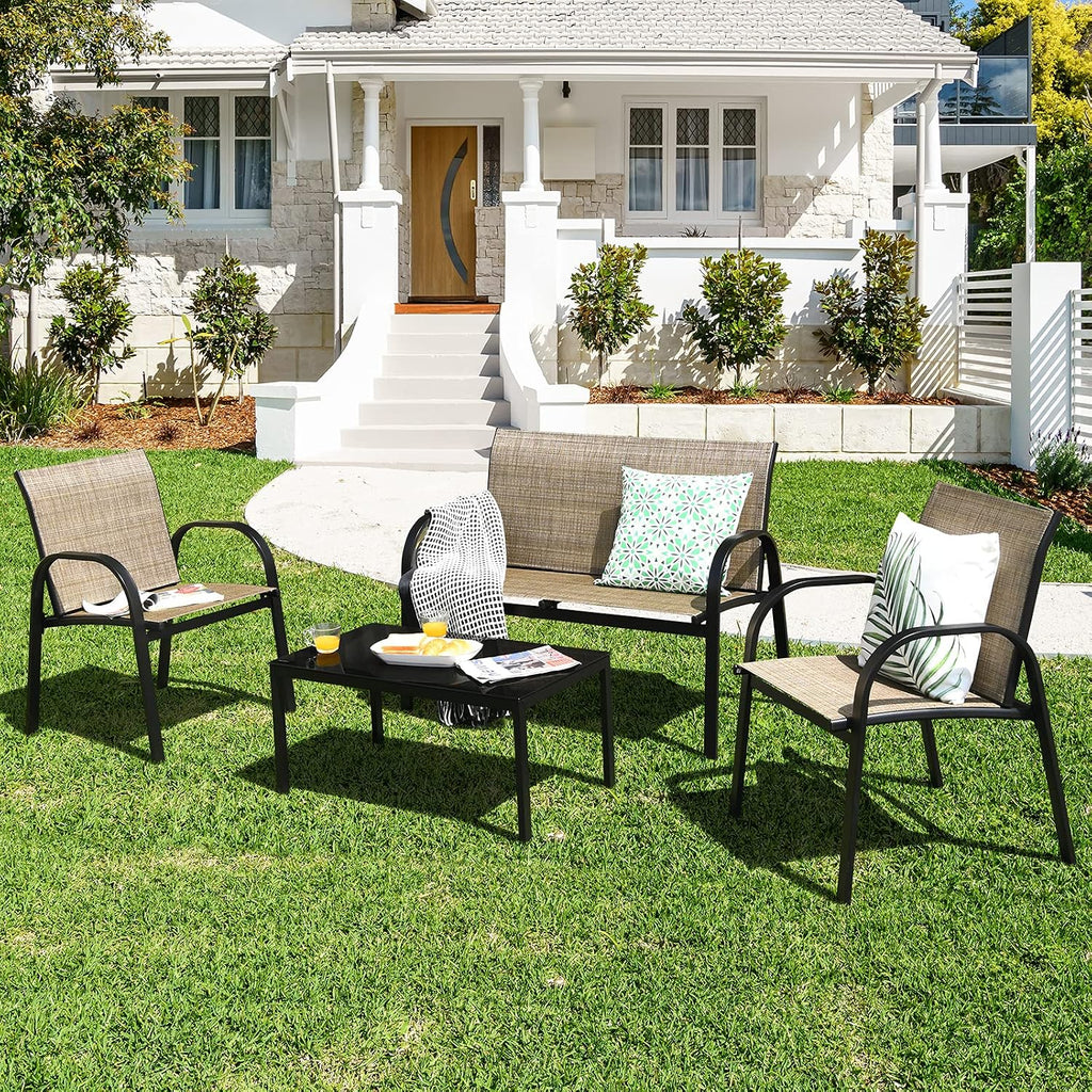 Tangkula 4 Pieces Patio Furniture Set, Metal Frame Heavy Duty Outdoor Conversation Set, Includes Glass Top Coffee Table, 2 Armrest Chairs and Loveseat, Suitable for Lawn Garden Porch Balcony (Brown)