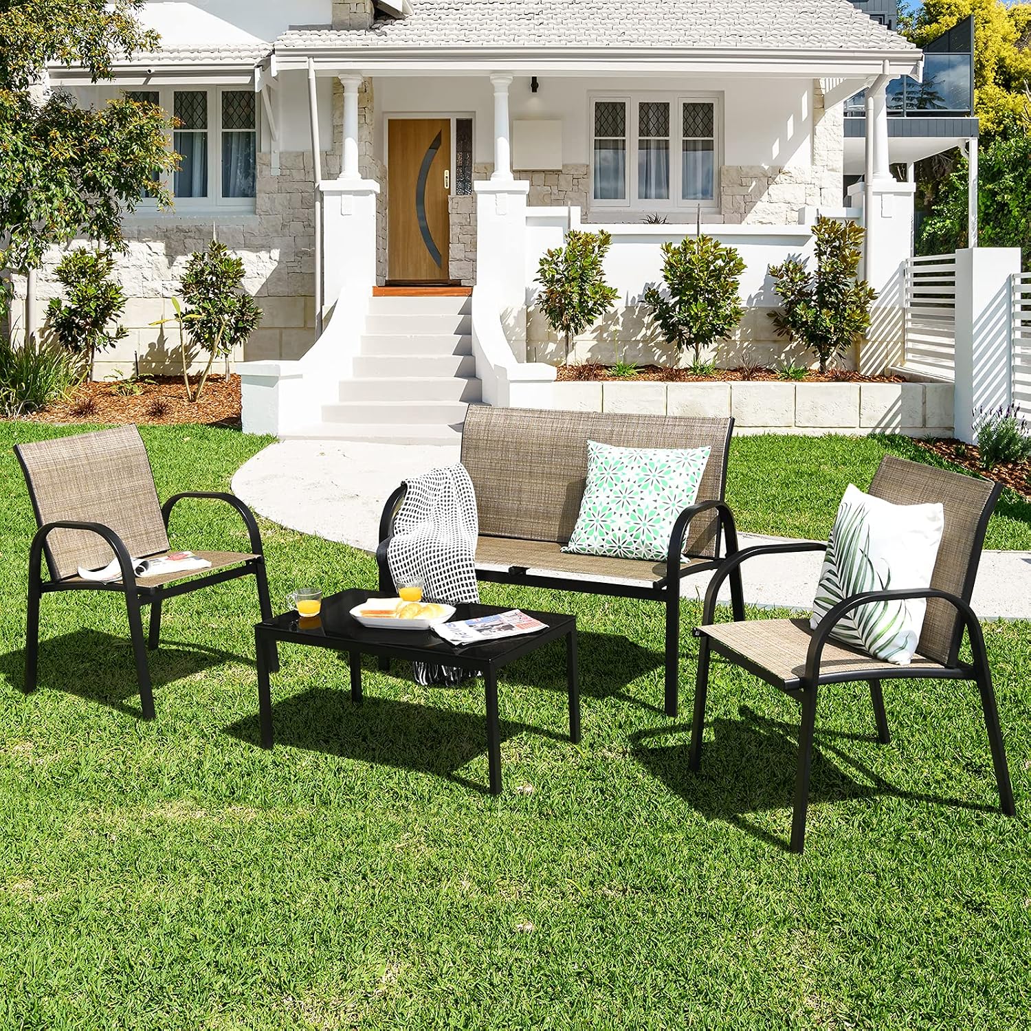 Tangkula 4 Pieces Patio Furniture Set, Metal Frame Heavy Duty Outdoor Conversation Set, Includes Glass Top Coffee Table, 2 Armrest Chairs and Loveseat, Suitable for Lawn Garden Porch Balcony (Brown)