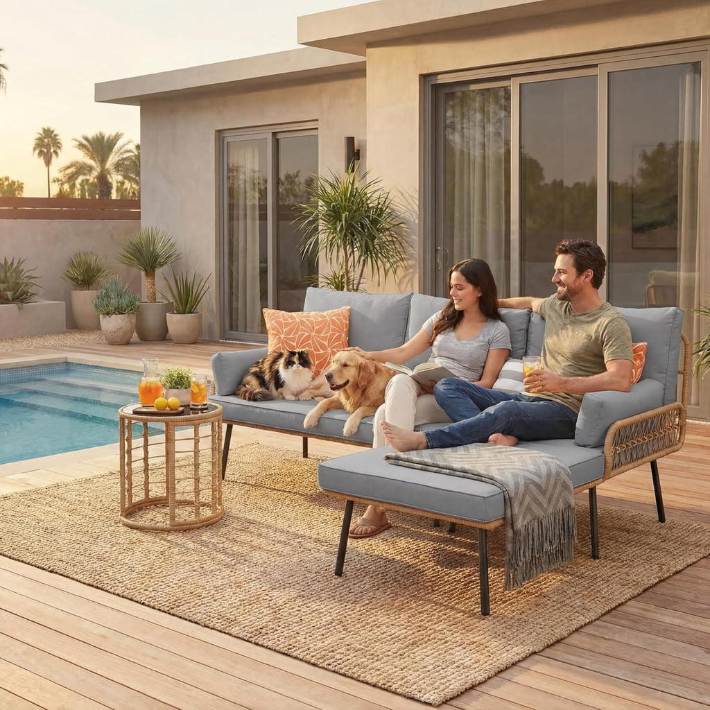 Gizoon 3-Piece Outdoor Patio Furniture Set, All-Weather PE Wicker L-Shaped Conversation Sofa with Thick Cushions & Glass Table, for Backyard, Porch, Balcony, Poolside (Grey)