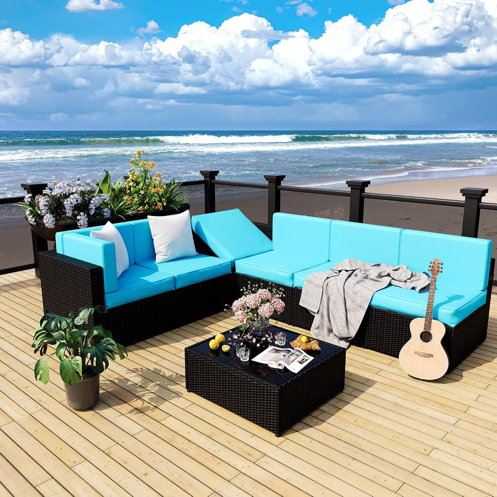 Pamapic Patio Furniture Set, 7 Pieces Modular Outdoor Sectional, Patio Sectional Sofa Conversation Set, Rattan Sofa with Coffee Table and Washable Cushions Covers, Black Rattan and Blue Cushions