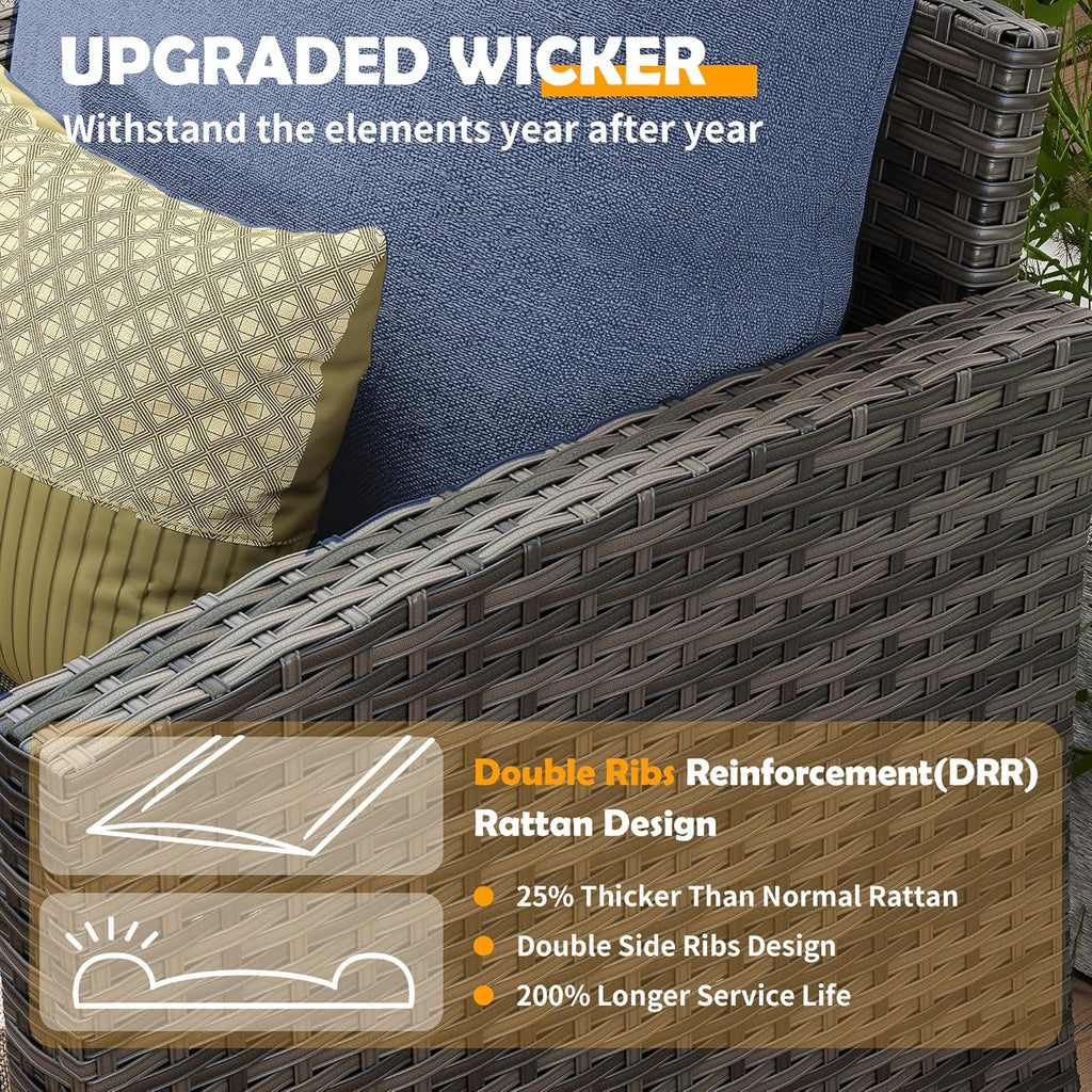 UDPATIO Patio Furniture Set, 6 Pieces Outdoor Sectional Couch with Swivel Rocking Chair, Gray Wicker Rattan Sofa with Side Table, 4' Thick Cushion for Garden Backyard Deck,Blue