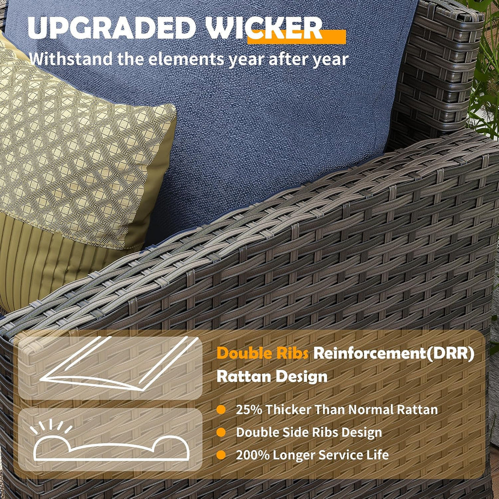 UDPATIO Patio Furniture Set, 5 Pieces Outdoor Sectional Sofa Set, All-Weather Wicker Rattan High Back Outdoor Conversation Set with Ottoman for Poolside, Backyard, Grey Wicker Navy Blue Cushion