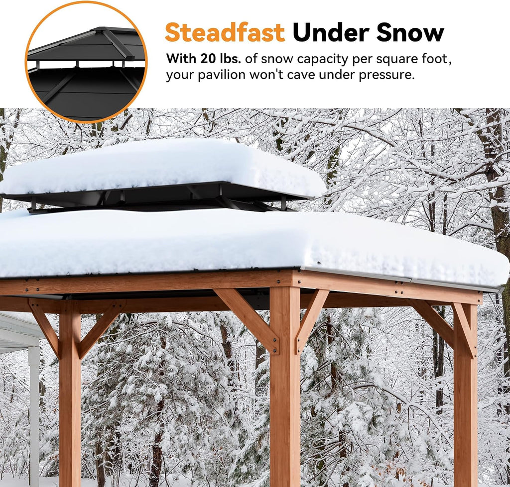Modern Shade Wood Gazebo 11' x 13', Cedar Framed Wooden Gazebo with Double Galvanized Steel Roof, Hardtop Pavilion with Sturdy Hooks for Garden, Backyard Patio and Deck