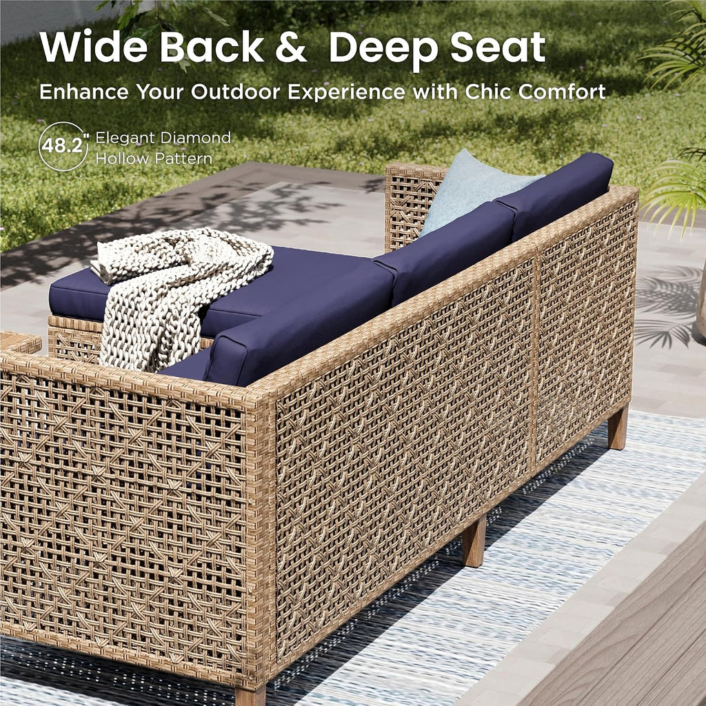 PHI VILLA Wicker Patio Furniture Set, Outdoor Sectional Couch with Cushions and Acacia Wood Coffee Table, U-Shaped Patio Conversation Set for Deck or Porch, 6 Seats, Navy Blue