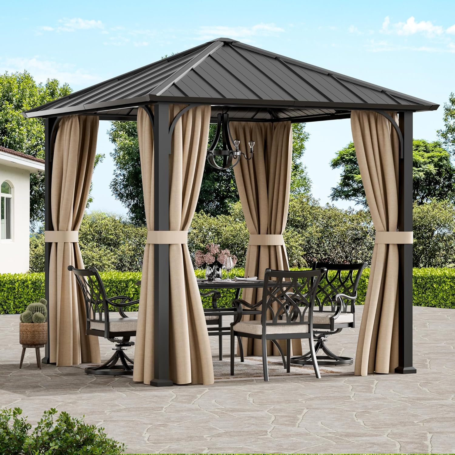 Modern Shade 8'x8' Hardtop Gazebo with Galvanized Steel Roof, Permanent Metal Gazebo with Detachable Curtains, Outdoor Hard Top Gazebo for Backyard, Deck, Garden, All-Weather Patio Cover