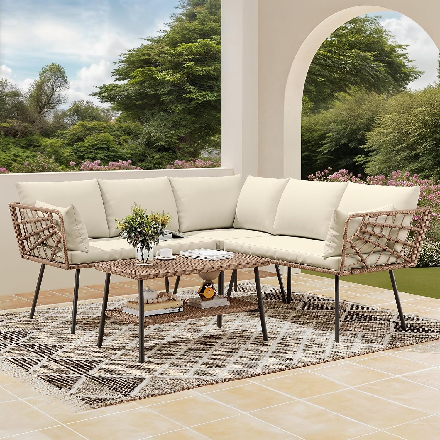 DWVO Outdoor Sectional Sofa 4 Piece 5-Seater Rattan Patio Furniture Set with 2-Tier Coffee Table&Cushions L Shape Couch Boho Conversation Sets for Garden Porch Backyard Relaxation