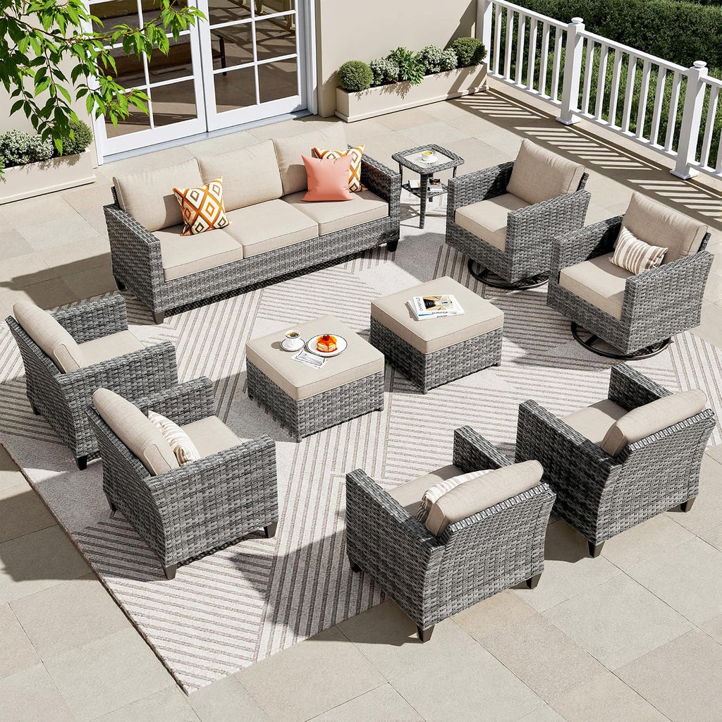ovios 10 Pieces Patio Furniture Set, Outdoor Wicker Sofa Couch with Swivel Chairs, Rocking Glider Rocker with Comfy Cushions All Weather Rattan Conversation Set, Beige