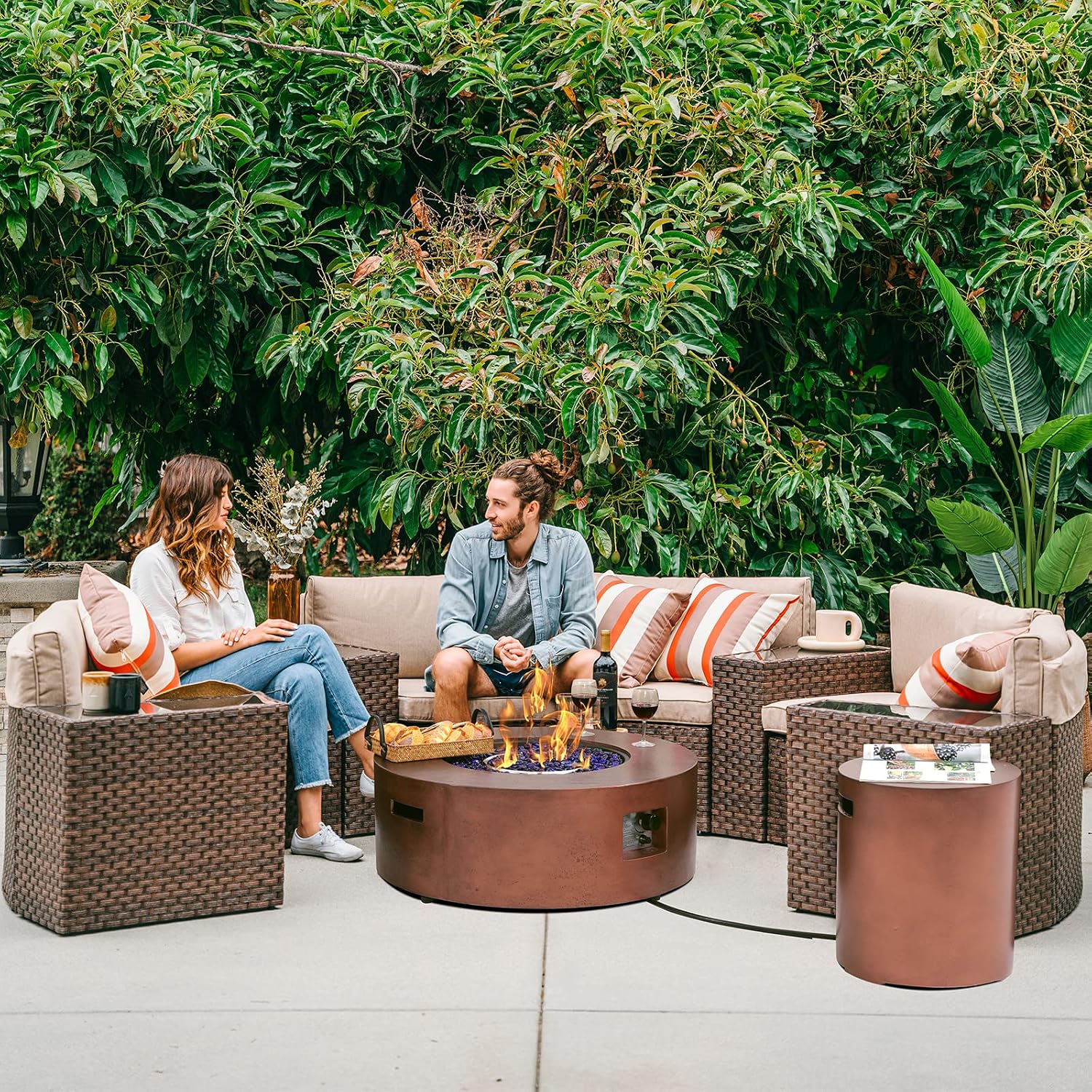 SUNSITT 12 Piece Patio Furniture Set with Fire Pit Outdoor Round Sectional Sofa with 36' Bronze Propane Fire Table & Tank Holder, Brown Rattan