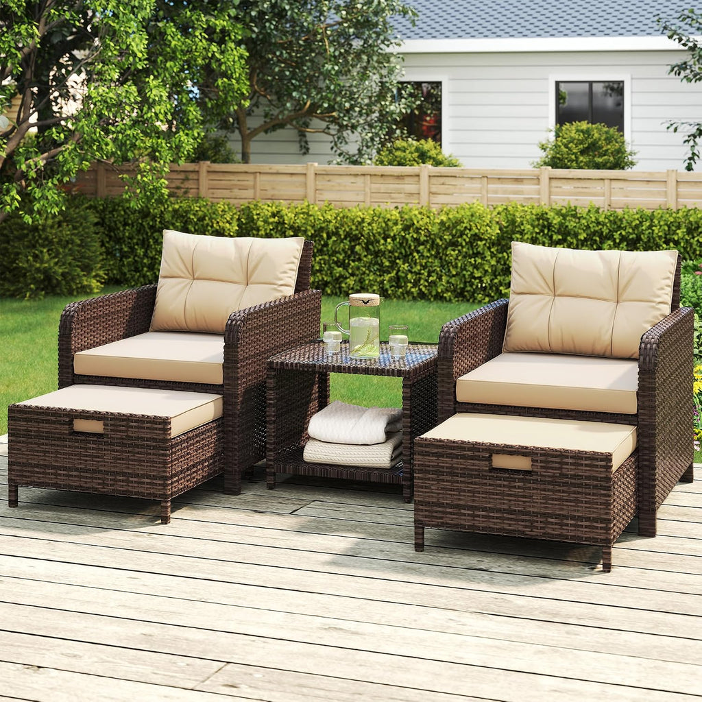 5 Pieces Patio Furniture Set, Hand-Woven Rattan Patio Conversation Set with Soft Cushions & Coffee Table, Outdoor Chairs with Hidden Ottoman for Porch, Lawn, Garden, Balcony, Brown