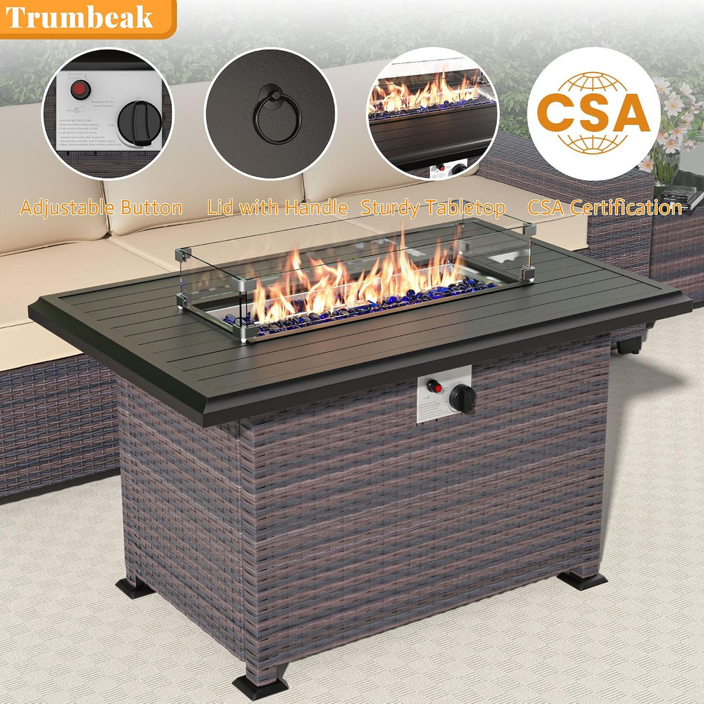 Patio Furniture Set 7 Pieces Outdoor Furniture Patio Conversation Set w/43in Gas Fire Pit,PE Rattan Wicker 7 Pcs Outdoor Sofa Set w/55000 BTU Propane Fire Pit Table,Sand