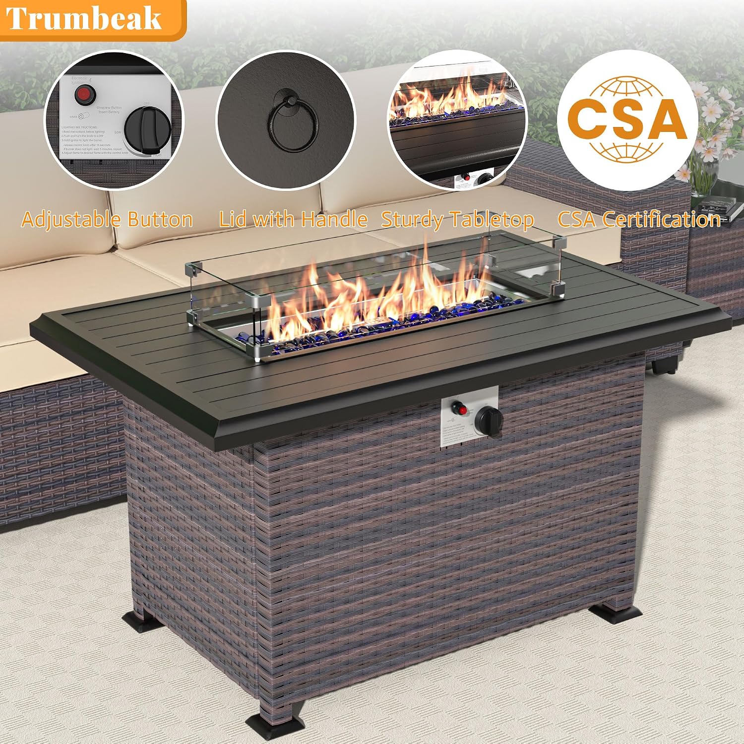 Patio Furniture Set 7 Pieces Outdoor Furniture Patio Conversation Set w/43in Gas Fire Pit,PE Rattan Wicker 7 Pcs Outdoor Sofa Set w/55000 BTU Propane Fire Pit Table,Sand