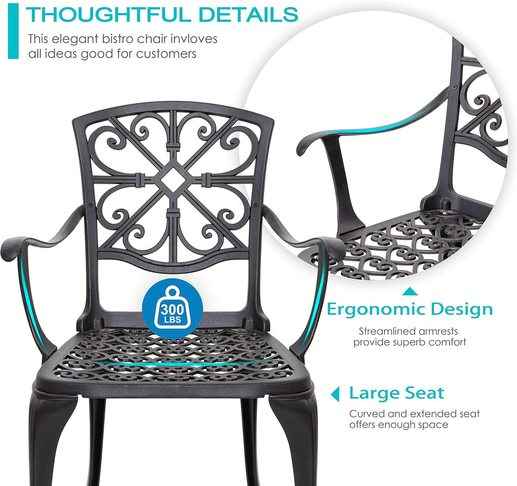 NUU GARDEN 3 Piece Outdoor Bistro Set Cast Aluminum Patio Set Bistro Table Set Rustproof Patio Table and Chairs with Umbrella Hole for Backyard, Balcony, Front Porch, Black