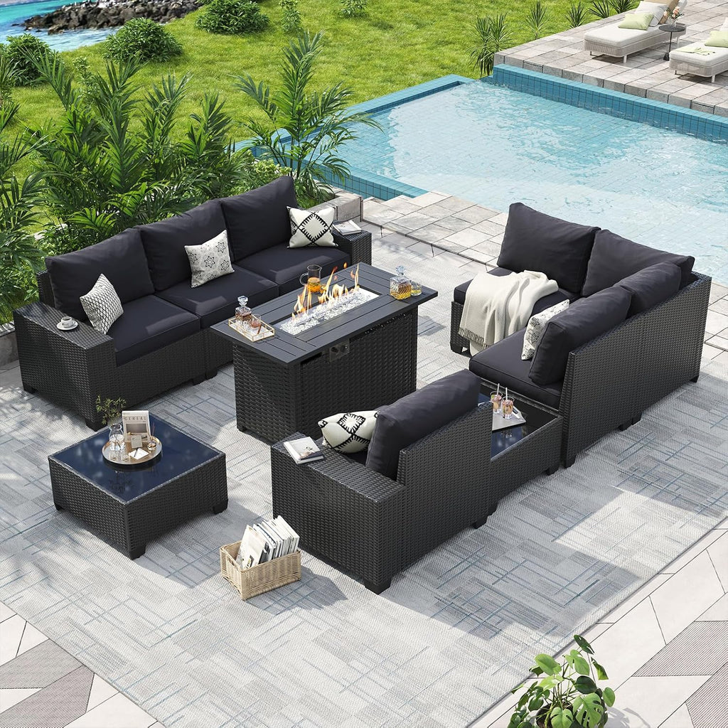 Aoxun 10-Piece Sectional Sofa with 44' Fire Pit, 4' Thicken Cushion, Widen Armrests Wicker for Backyard with Coffee Table, Black
