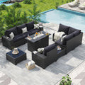Aoxun 10-Piece Sectional Sofa with 44' Fire Pit, 4' Thicken Cushion, Widen Armrests Wicker for Backyard with Coffee Table, Black