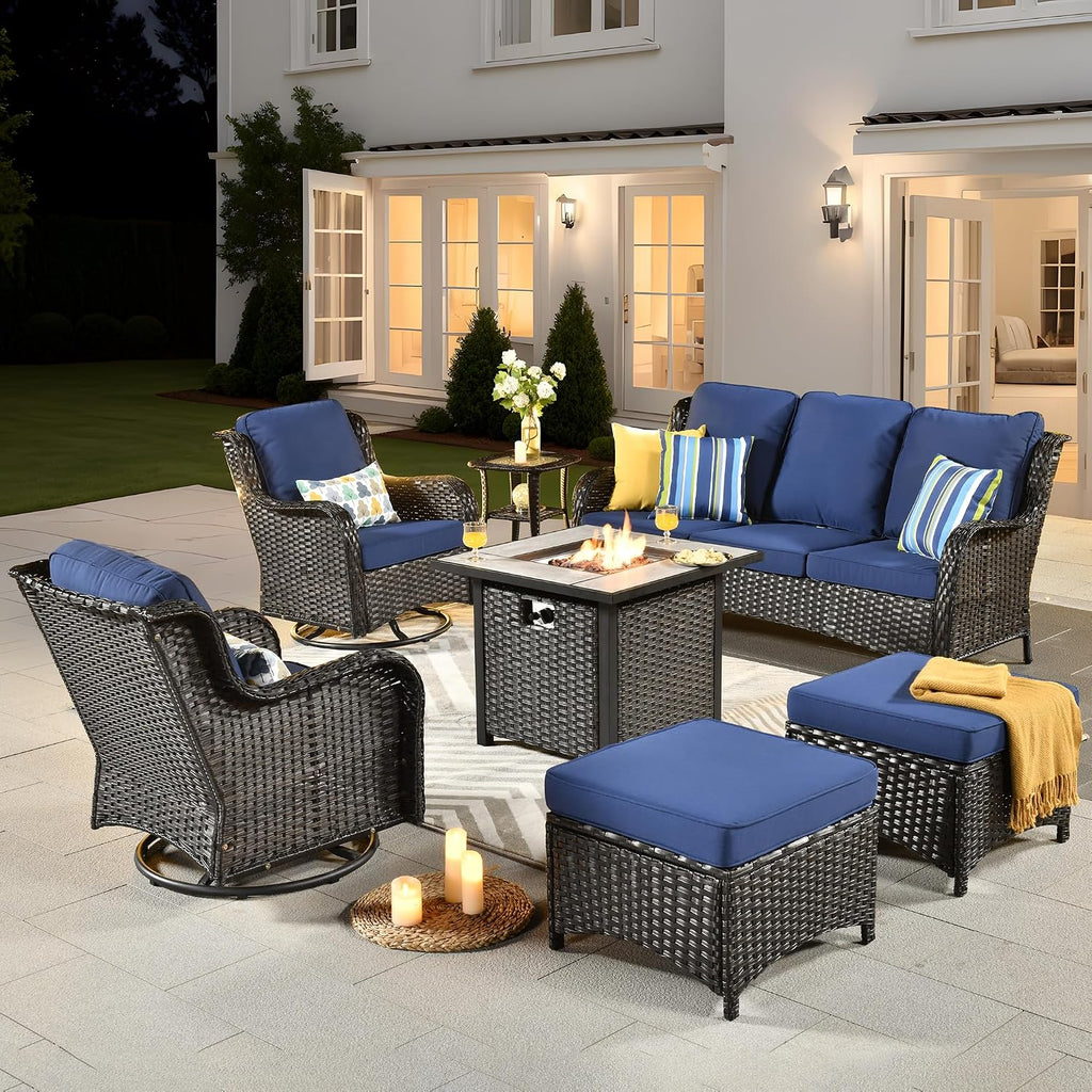 ovios 7 Pieces Patio Furniture Set with 30 inch Fire Pit Table, Outdoor Wicker Sofa Couch Swivel Rocking Glider Chairs, Modern Luxury Conversation Set, Brown Wicker, Navy Blue