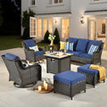 ovios 7 Pieces Patio Furniture Set with 30 inch Fire Pit Table, Outdoor Wicker Sofa Couch Swivel Rocking Glider Chairs, Modern Luxury Conversation Set, Brown Wicker, Navy Blue