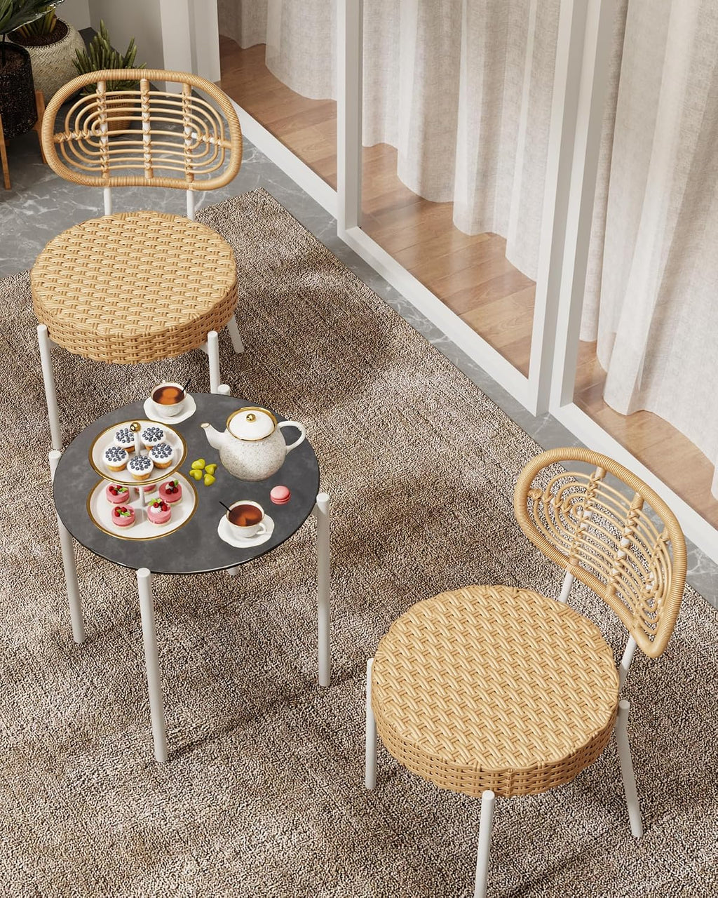 3 Piece Wicker Patio Bistro Furniture Set, Outdoor Dining Chairs, Includes 2 Rattan Chairs and Tempered Glass Table, for Garden, Backyard, Balcony, Apartment, White & Brown