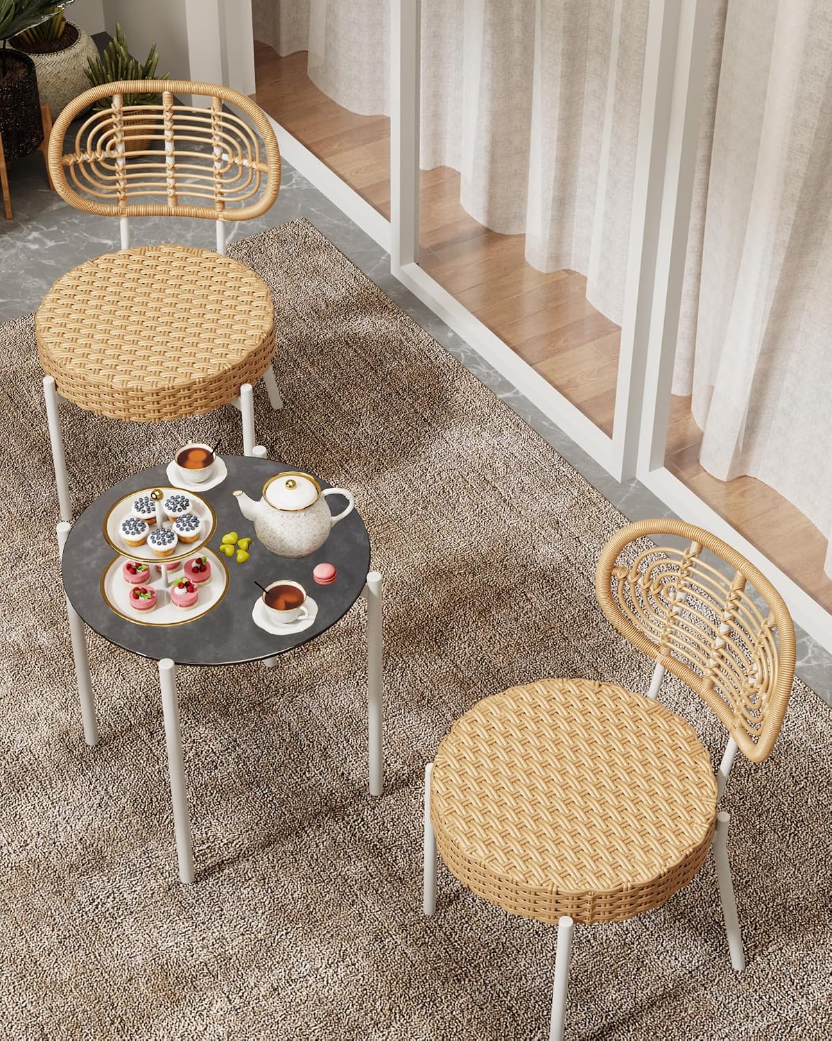 3 Piece Wicker Patio Bistro Furniture Set, Outdoor Dining Chairs, Includes 2 Rattan Chairs and Tempered Glass Table, for Garden, Backyard, Balcony, Apartment, White & Brown